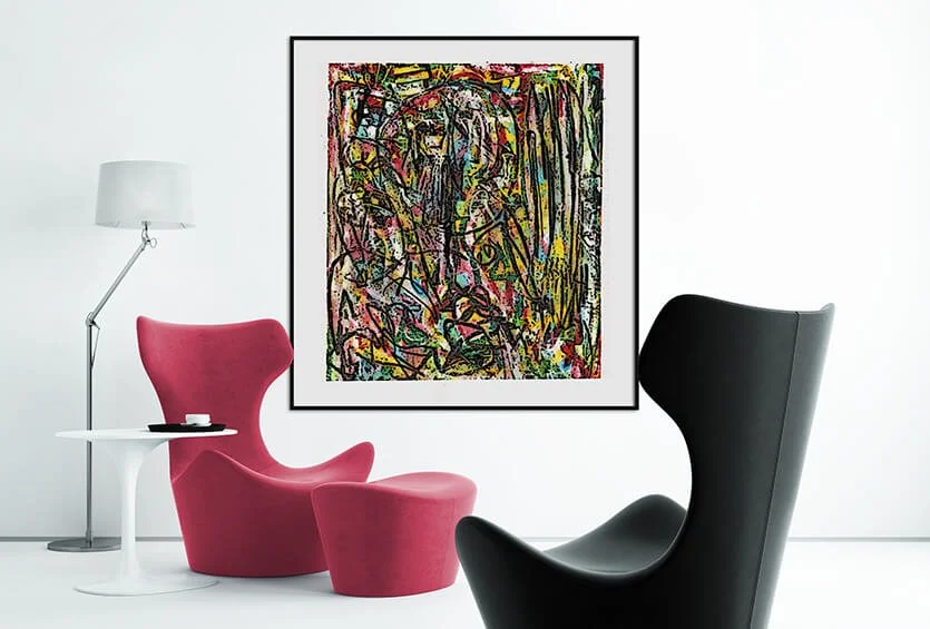 A mixed-media painting called "The First Conversation with Her Was Disappointing" hanging in a modern office environment.