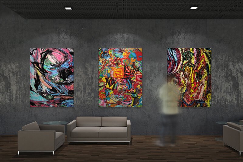 Three paintings hanging on a dark colored art gallery wall side by side. The artwork featured are all untitled.