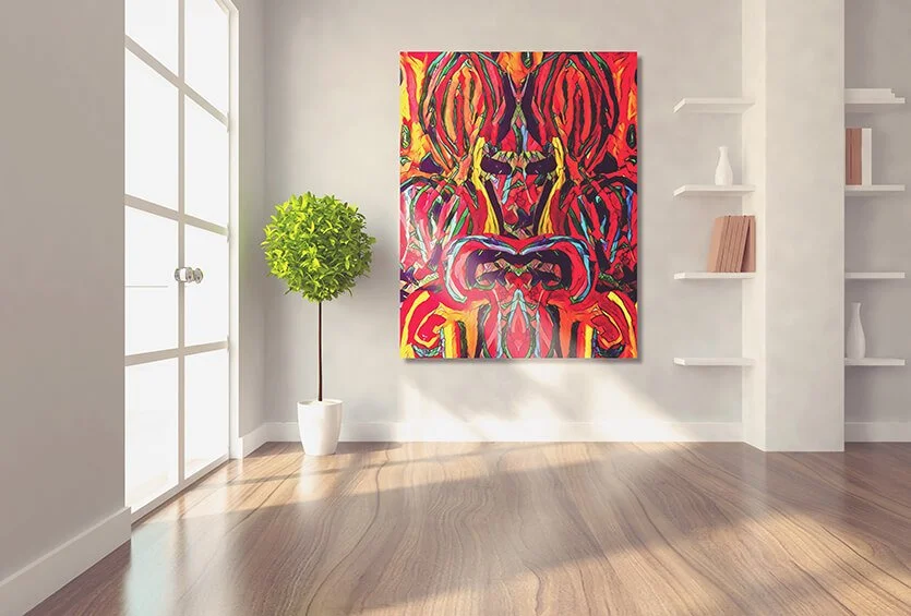 A natural lit office room featuring a painting called "Mother."