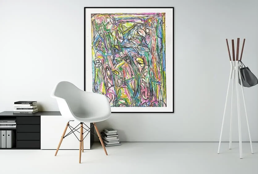A pastel drawing called "Began Composing (Music Again)" is hung on a white wall in a modern office environment.