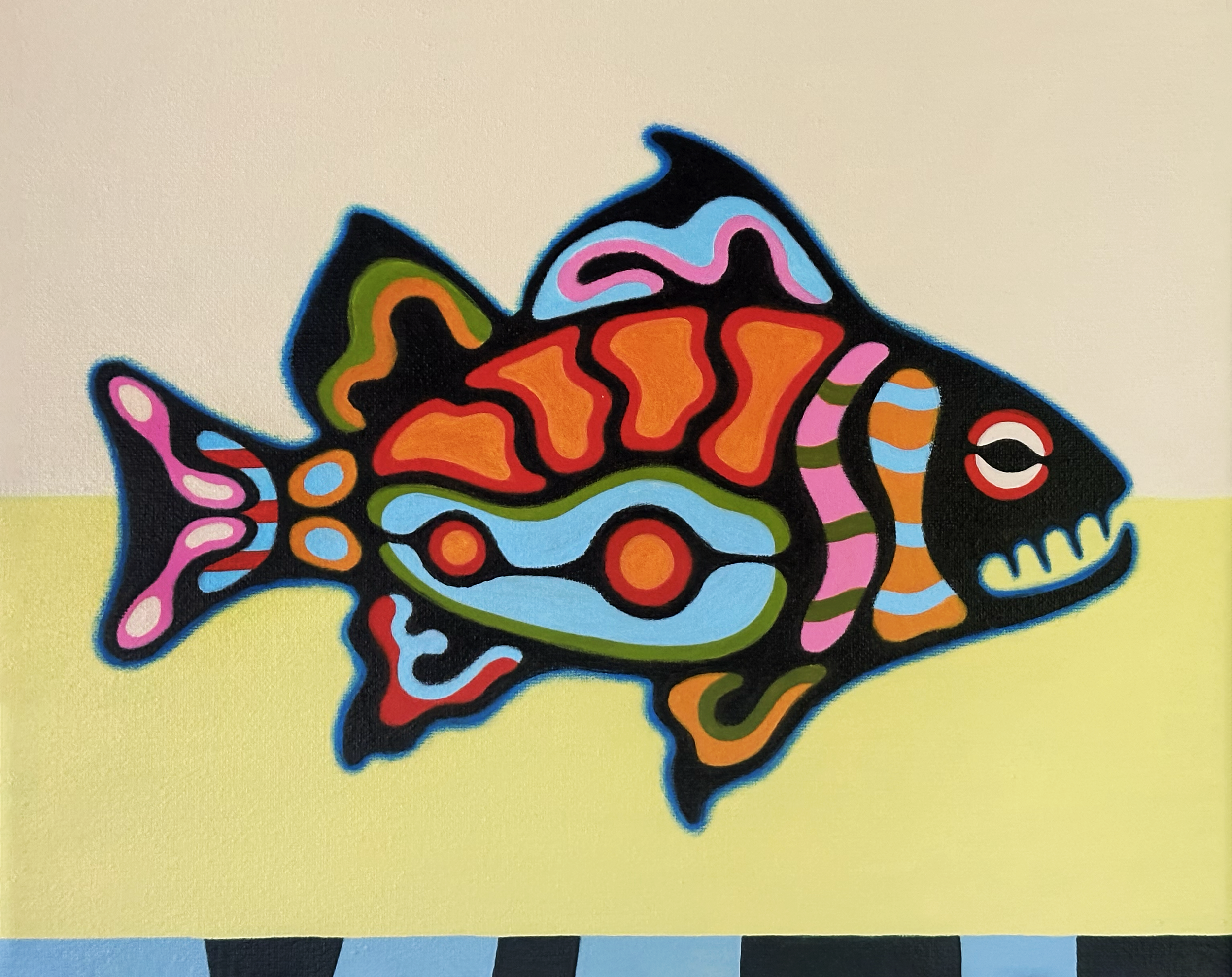 Kassa Matthews Indigenous First Nations artist contemporary woodland painting, illustration of fish, Bright color, yellow sun, graphic fish,