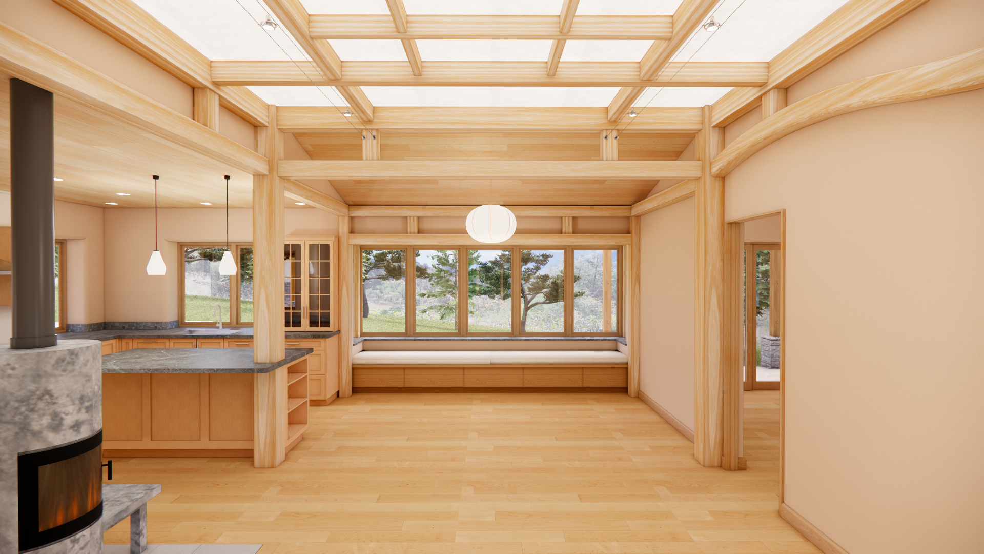 Rendering of living room with timber framing, skylights, natural plaster walls, and soapstone countertops