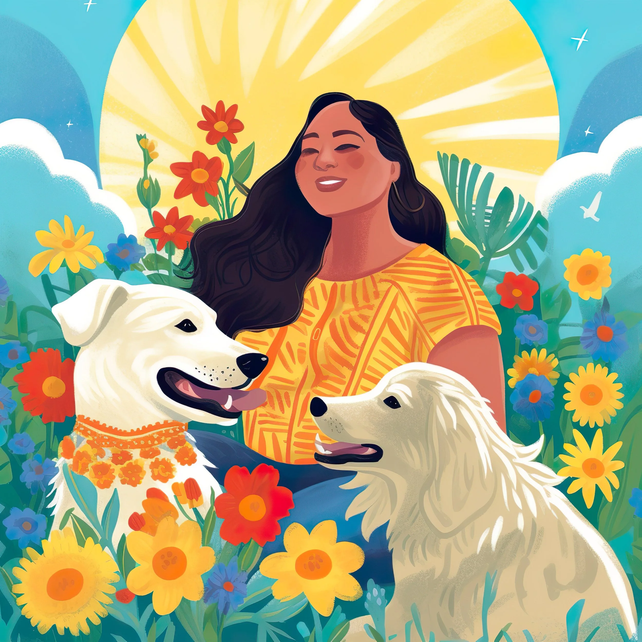 Illustration of a proud, plus-size Mexican-American woman in a sunlit garden with flowers, sitting with two big, fluffy, white dogs with flower collars. The woman has thick, dark hair and wears traditional orange blouse and jeans.