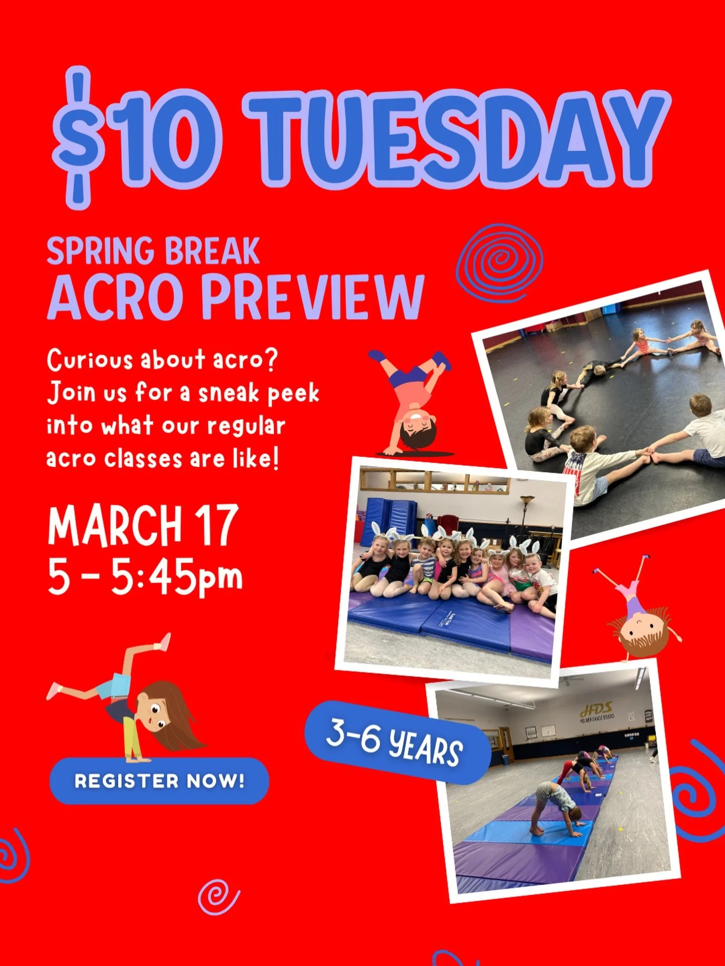 Home for Spring Break? Come FLIP with us! 🤸🤸🏻&zwj;♀️🤸&zwj;♂️

Join us for our $10 acro preview and find out what our acro classes are all about!

REGISTER TODAY >> helmerdance.com/sessions 

#helmerdance #since1982 #acrodance #acrobaticarts