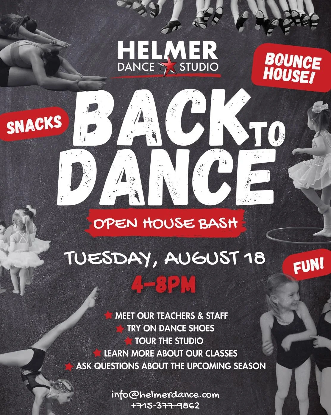 🎉 BACK TO DANCE! 🎉
Join us for a Back to Dance Open House Bash! 

📅 Tuesday, August 18
⏰ 4&ndash;8 PM

Come see what makes Helmer Dance Studio so special!
⭐ Meet our teachers &amp; staff
👠 Try on dance shoes
🏫 Tour the studio
💃 Learn more about