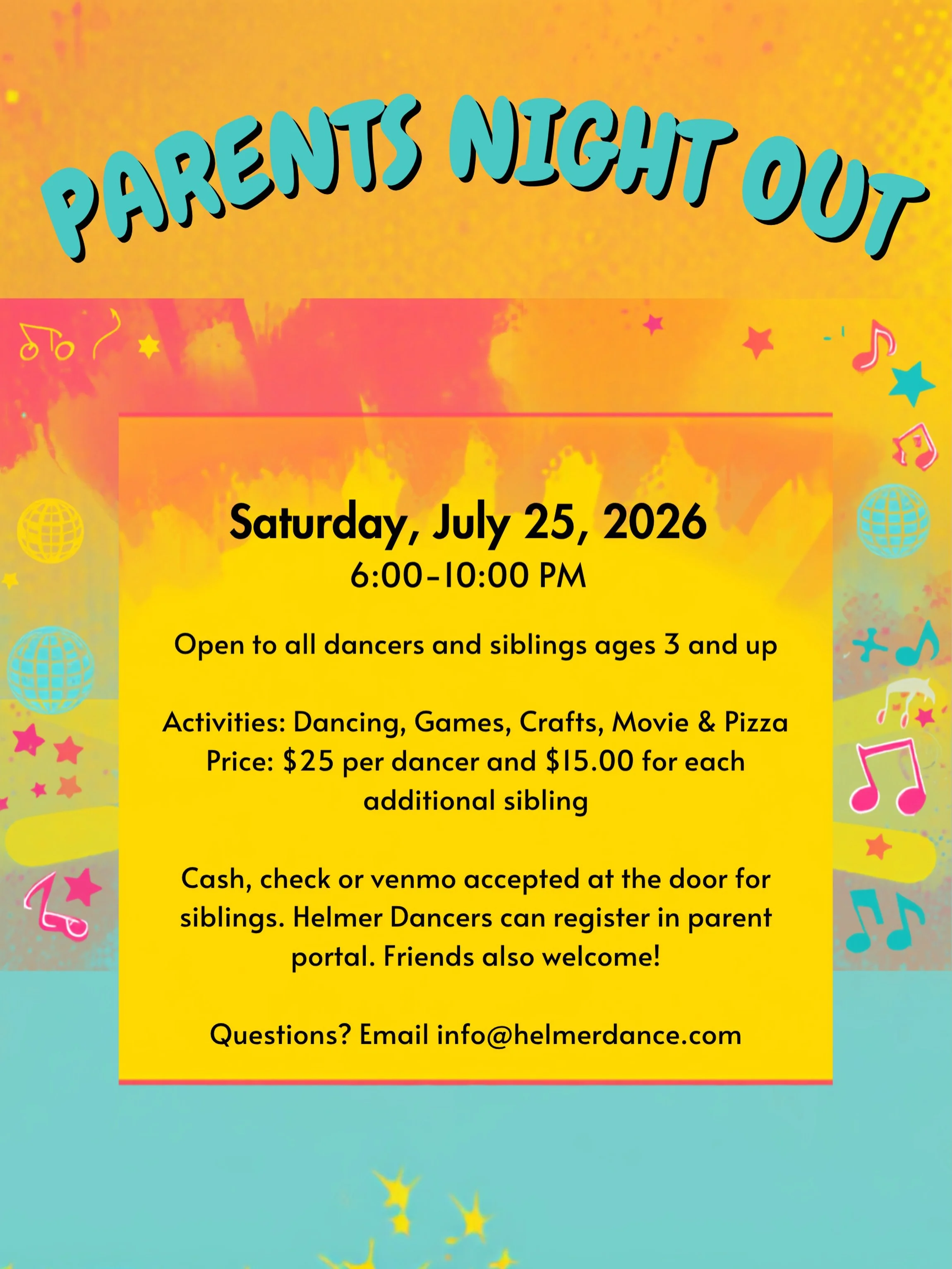 ✨ PARENTS&rsquo; NIGHT OUT! ✨
Need a few kid-free hours? We&rsquo;ve got you covered! 
Drop the kids off for an evening of:
💃 Dancing
🍕 Pizza
🎉 Games &amp; fun
🤸 Making new friends
While they&rsquo;re having the best night ever, you can enjoy a d