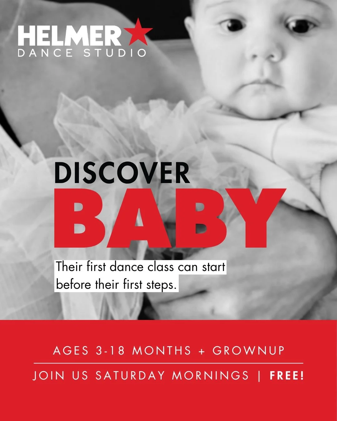 Join us Saturday mornings for Discover Baby! ❤️

Designed for our littlest dancers and their grownups, Discover Baby uses music, movement and sensory play to build body awareness, motor skills and early social connections.

Enjoy 30 minutes of specia