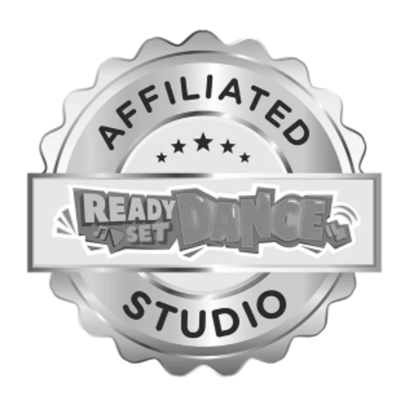 Silver badge with the text 'AFFILIATED' at the top, 'STUDIO' at the bottom, and a rectangular banner in the center reading 'READY SET DANCE' in bold letters.