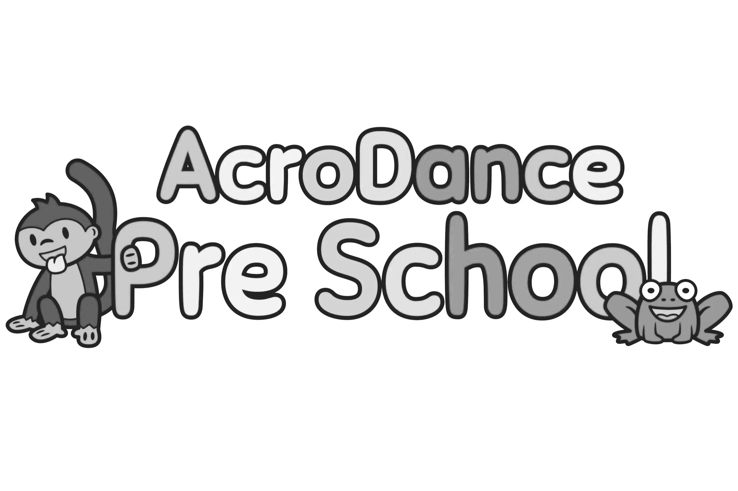 Black and white cartoon image of the words 'AcroDance Pre School' with a monkey on the left and a frog on the right, both smiling.