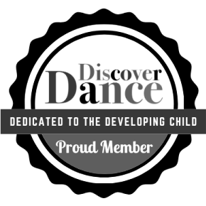 A circular logo with the text "Discover Dance" and a banner that reads "Dedicated to the Developing Child" and "Proud Member" in black and white.