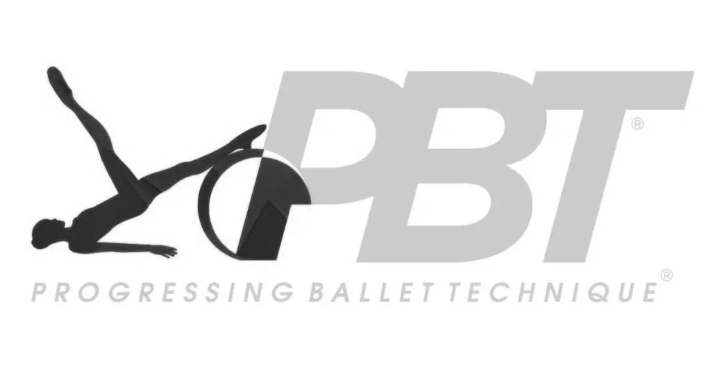 Logo with the text 'PBT' and 'Progressing Ballet Technique', featuring a silhouette of a person stretching or exercising on a yoga wheel.