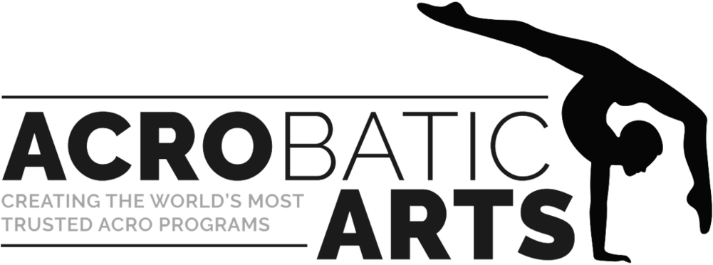 Logo with a silhouette of a gymnast doing a handstand above the text 'Acrobatic Arts'. The tagline reads, 'Creating the world's most trusted acro programs.'