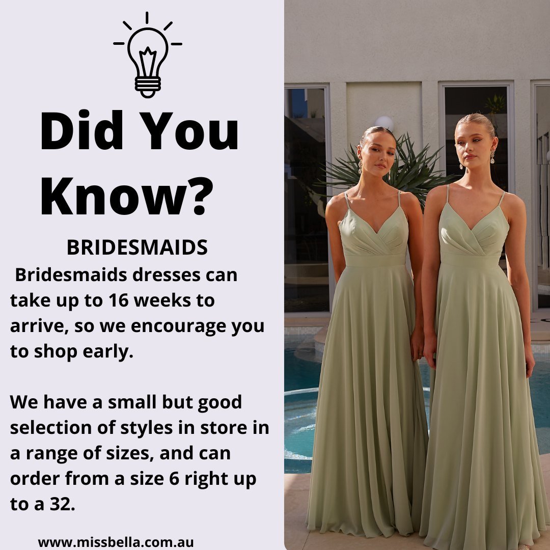 A heads up for our bridesmaids  who are booking appointments.  If the dress is not in stock at the suppliers warehouse then it will take up to 16 weeks to arrive. Please allow plenty of time for ordering what you want rather than having to pick somet