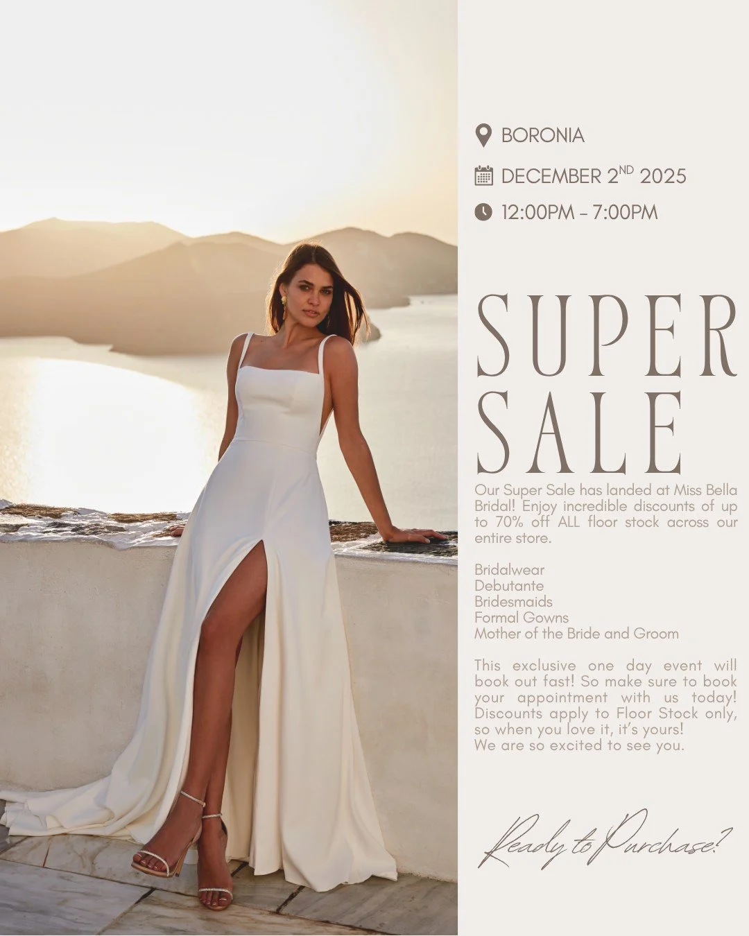 Our Super Sale has landed at Miss Bella Bridal! Enjoy incredible discounts of up to 70% off ALL floor stock across our entire store including Bridalwear, Debutante, Bridesmaids, Formal Gowns, and Mother of the Bride and Groom ✨

This exclusive one da