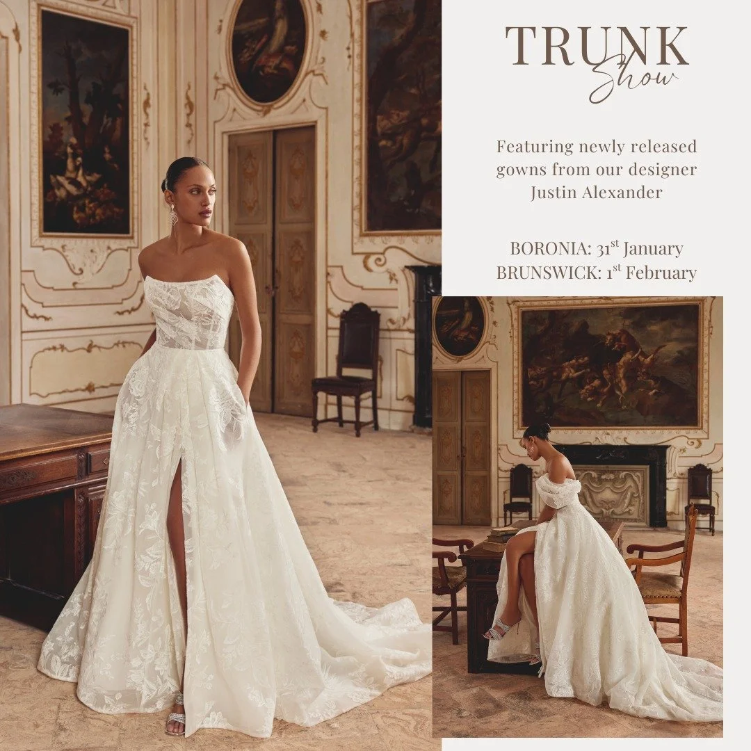Trunk Show This Weekend ✨

We are holding a Justin Alexander Trunk Show highlighting new season gowns for our late 2026 and 2027 Brides! You will be able to visualise and try a selection of never before seen styles and find your dream gown!

Dates:
B
