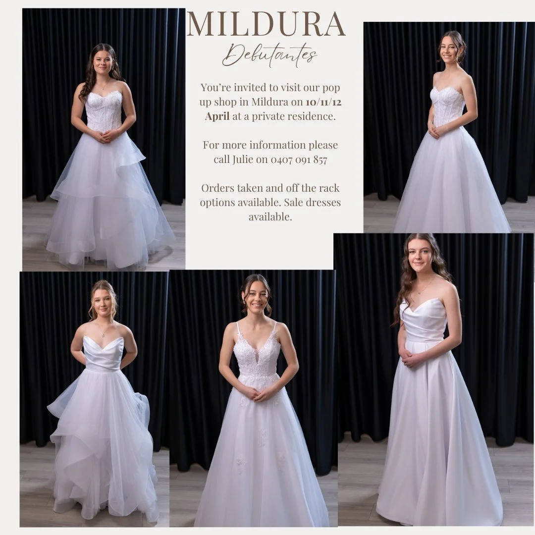 Mildura! We're heading your way!
Been dreaming of getting your dress from Miss Bella? Now's your chance! 
Book a slot through our website, via the Mildura popup at BOOKINGS.
We cant wait to see you!

#Debutante #bridal #wedding #gown
