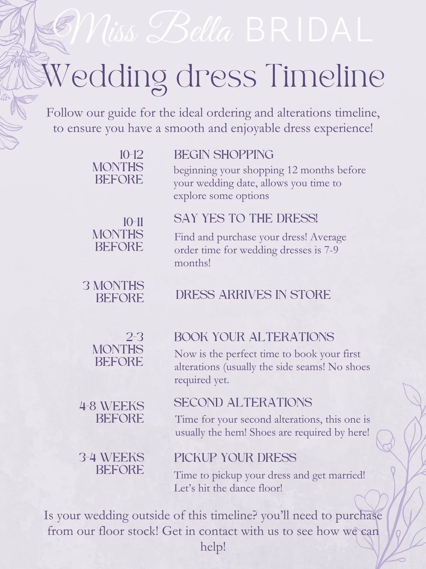 Brides! Here is your ideal timeline when it comes to purchasing a dress for your big day.
Wedding out of this timeline? Get in contact with us to see what we can do for you!

#weddingtimeline #bridalgown #justinalexander #missbella #sydneyroadbridal