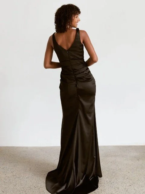 Earth tones all the way with Birch and Kiko bridesmaid dresses.
Birch features a subtle V-neck, thick straps and generous ruching all the way down over the hips. 
Kiko is a one shoulder show stopper with a tasteful shoulder ruffle, and ruching around