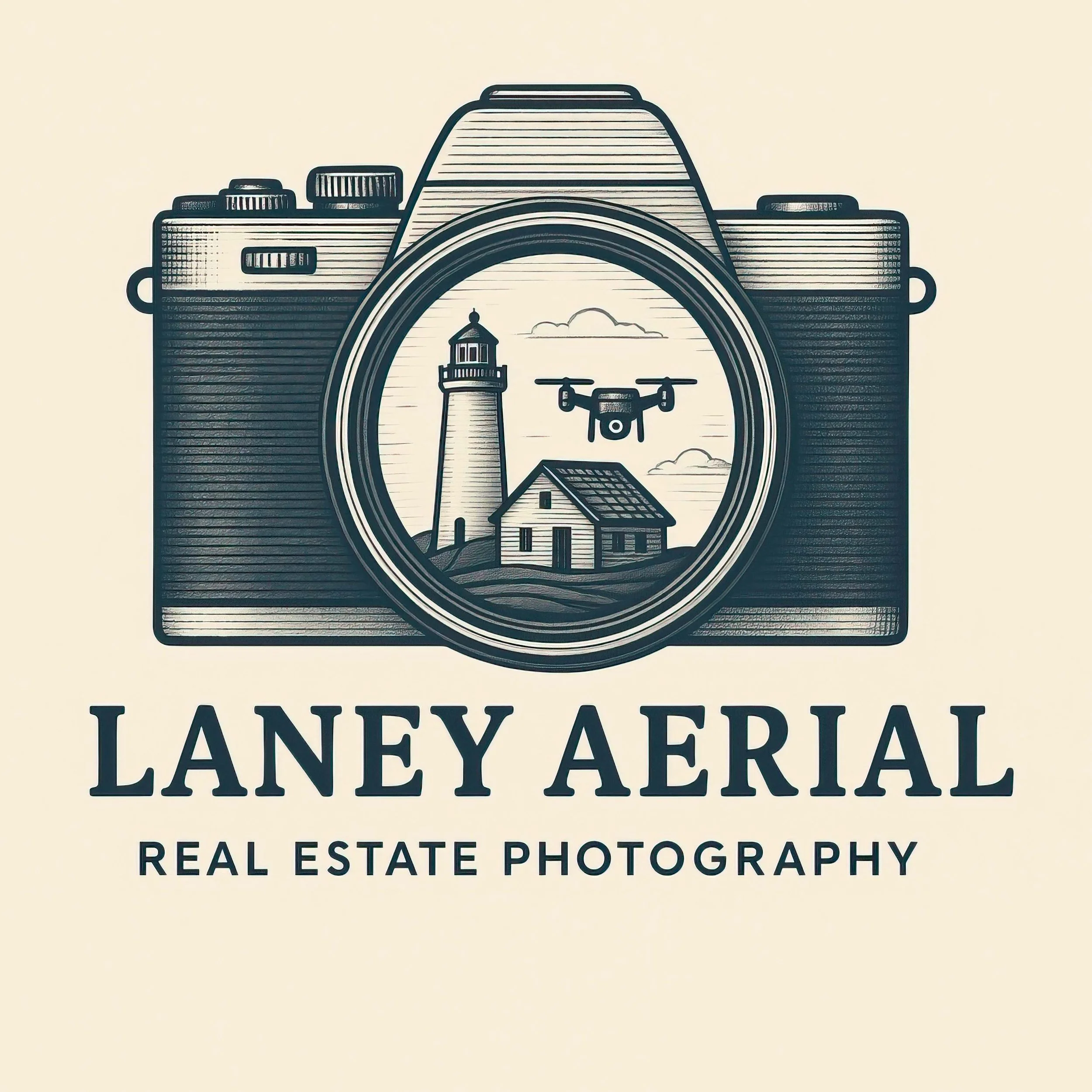 Artwork of a camera with a lighthouse, house, drone, and clouds inside it, with text reading "Laney Aerial" and "Real Estate Photography."