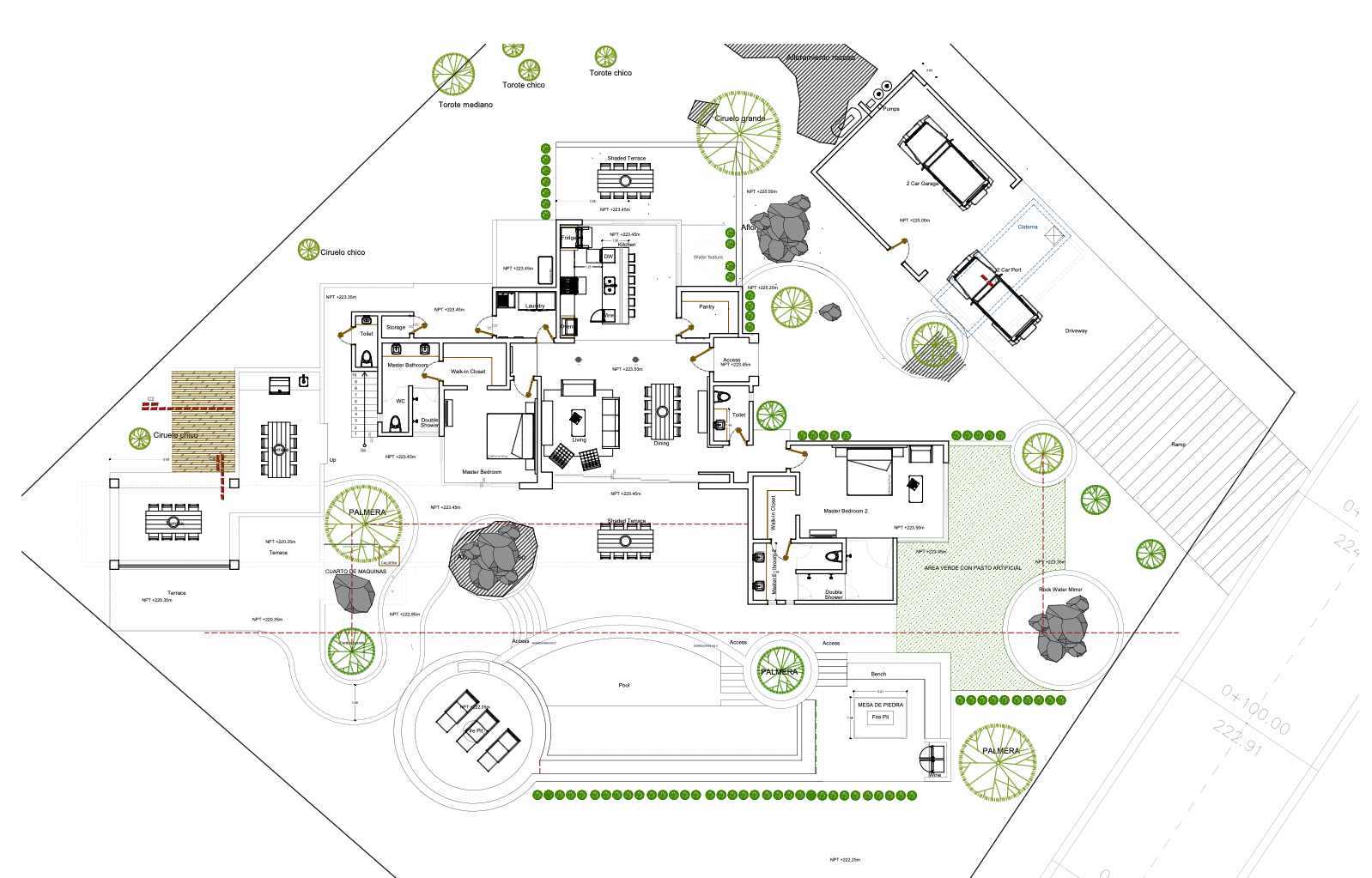 Detailed architectural site plan of a luxury villa showing dual master suites, open living areas, pool, fire pit, terraces, garage, and labeled native tree landscaping.
