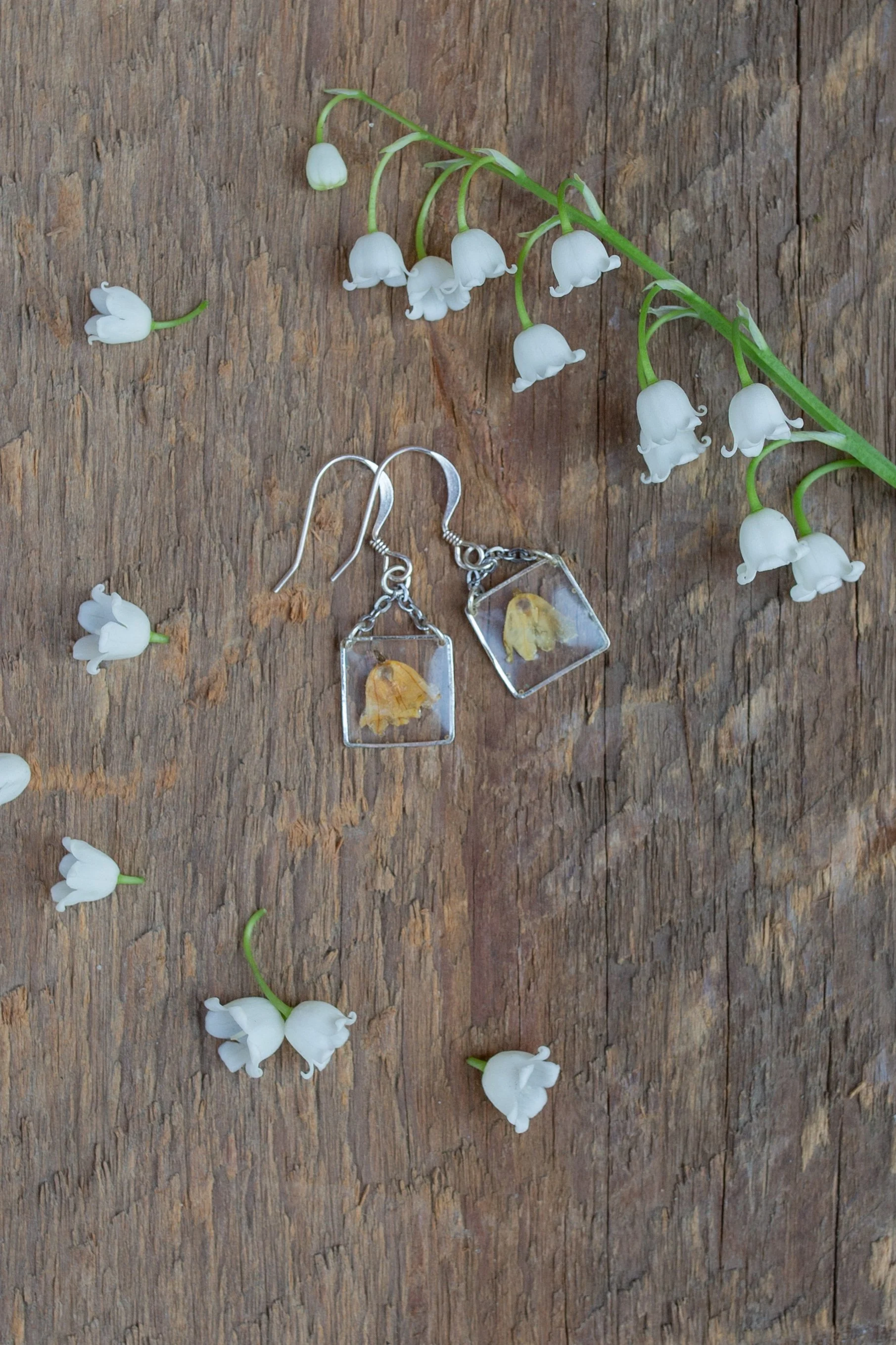 Square Dangling Earrings, Lily of the Valley