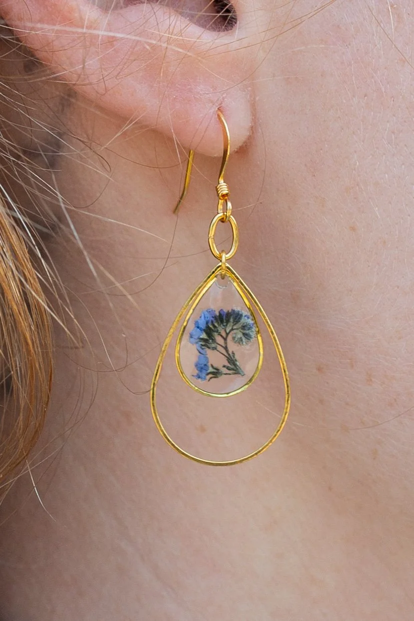 Framed Teardrop Dangling Earrings, Forget-Me-Nots