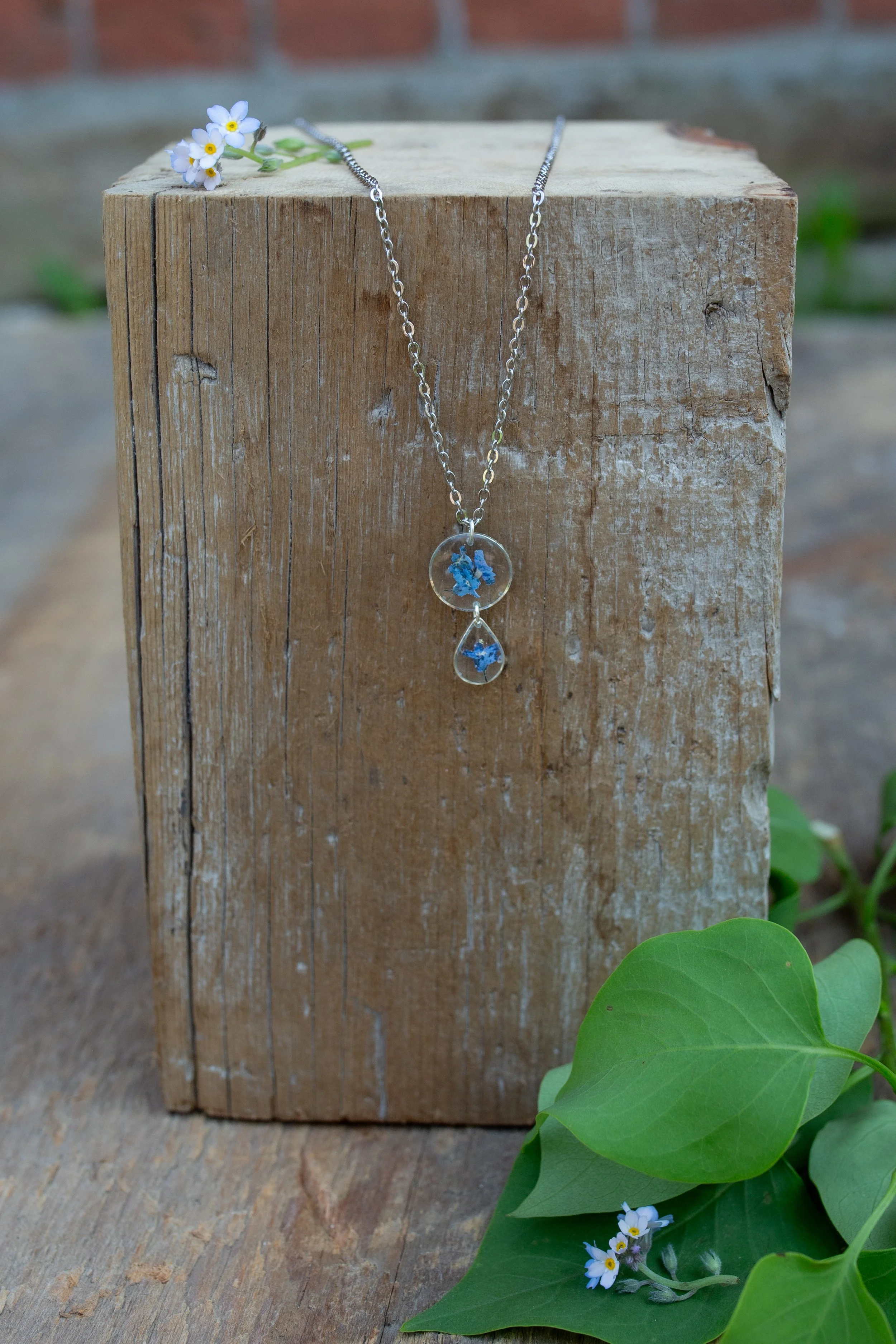 Circle with Small Teardrop Necklace, Forget-Me-Nots