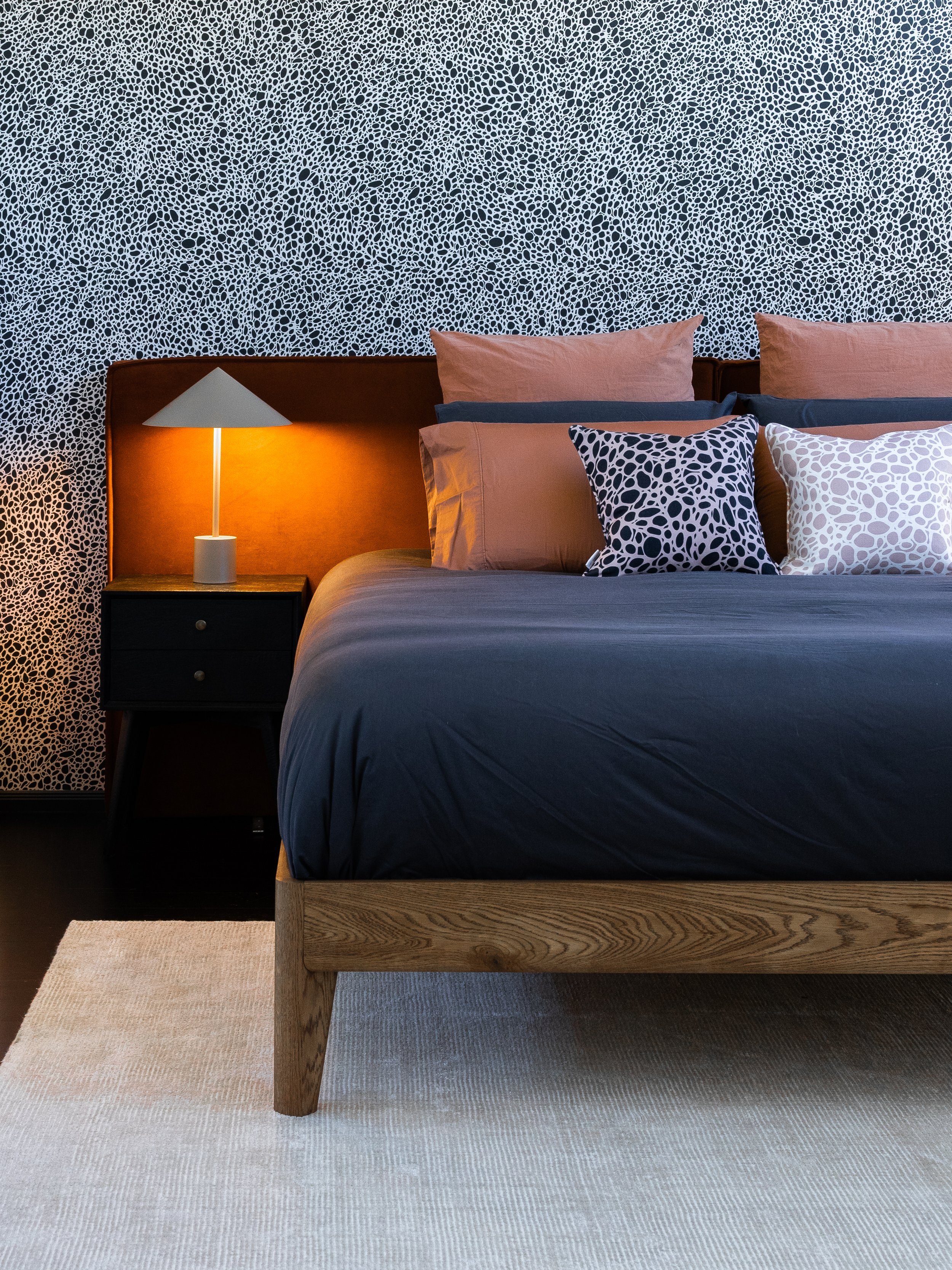 Master Bedroom with Aboriginal wallpaper and Aboriginal Cushions