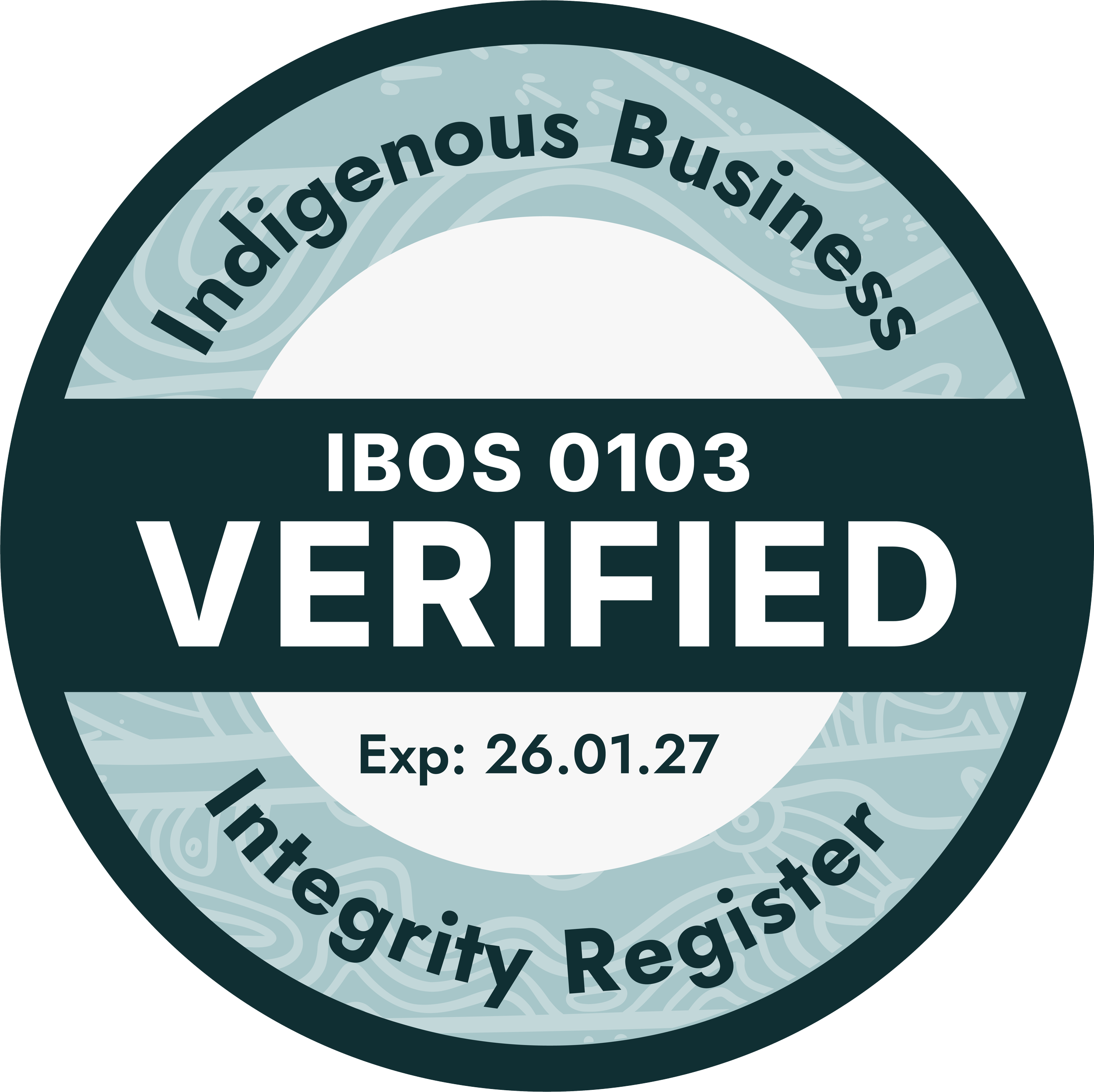 Indigenous Business Integrity Register badge with the text "Verified" and expiration date "26.01.27", indicating the business is authenticated as Aboriginal owned and operated