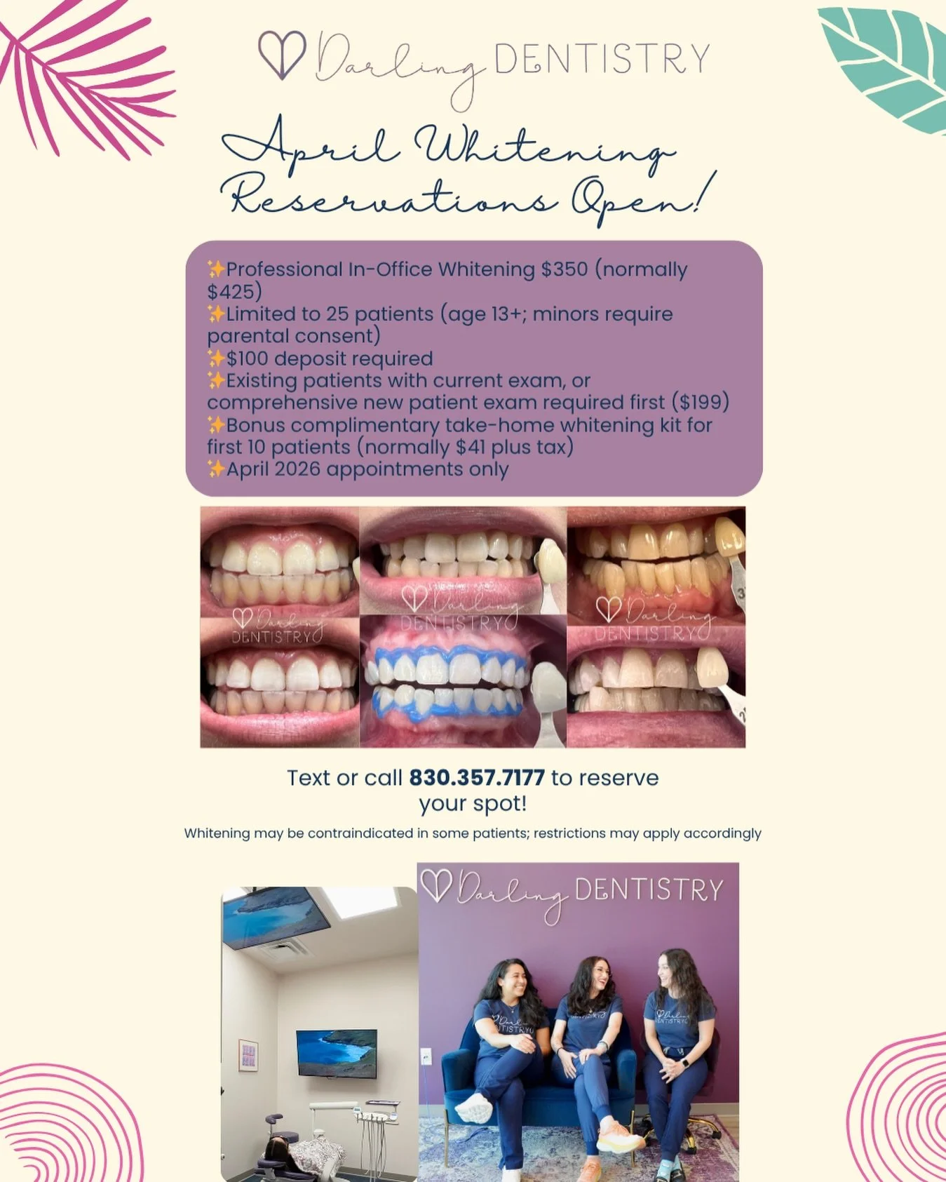 April Whitening 🦷✨ reservations are open! 
This month only Darling Dentistry is offering Glo Professional In-Office Whitening for $350 (normally $425) to just 25 patients plus a bonus complimentary Opalescence take-home whitening to the first 10 pat