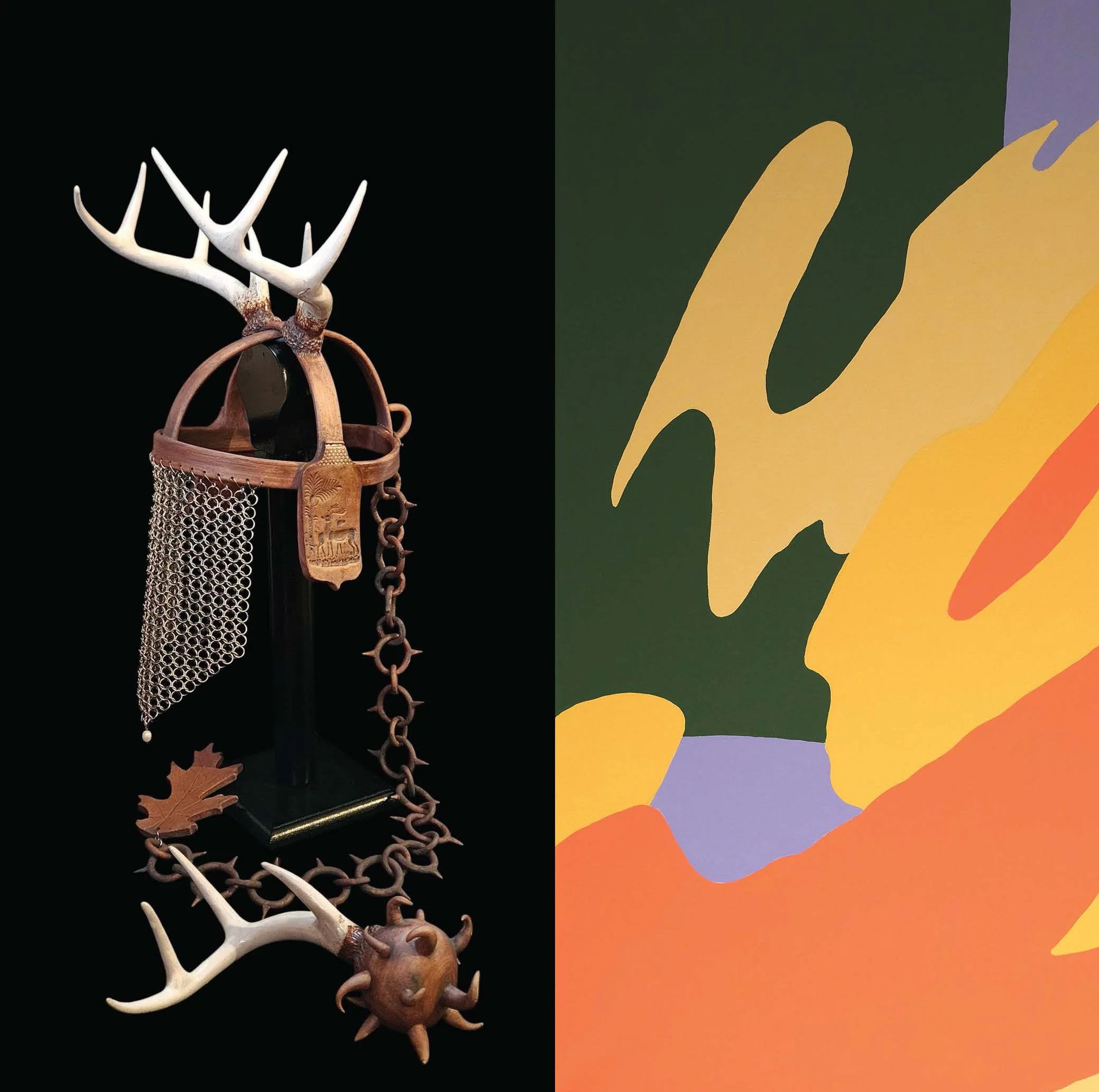 split view of a cermaic sculpture by Juliette Bechard on the left and on the right bright matte organic abstraction by Adam Kelley