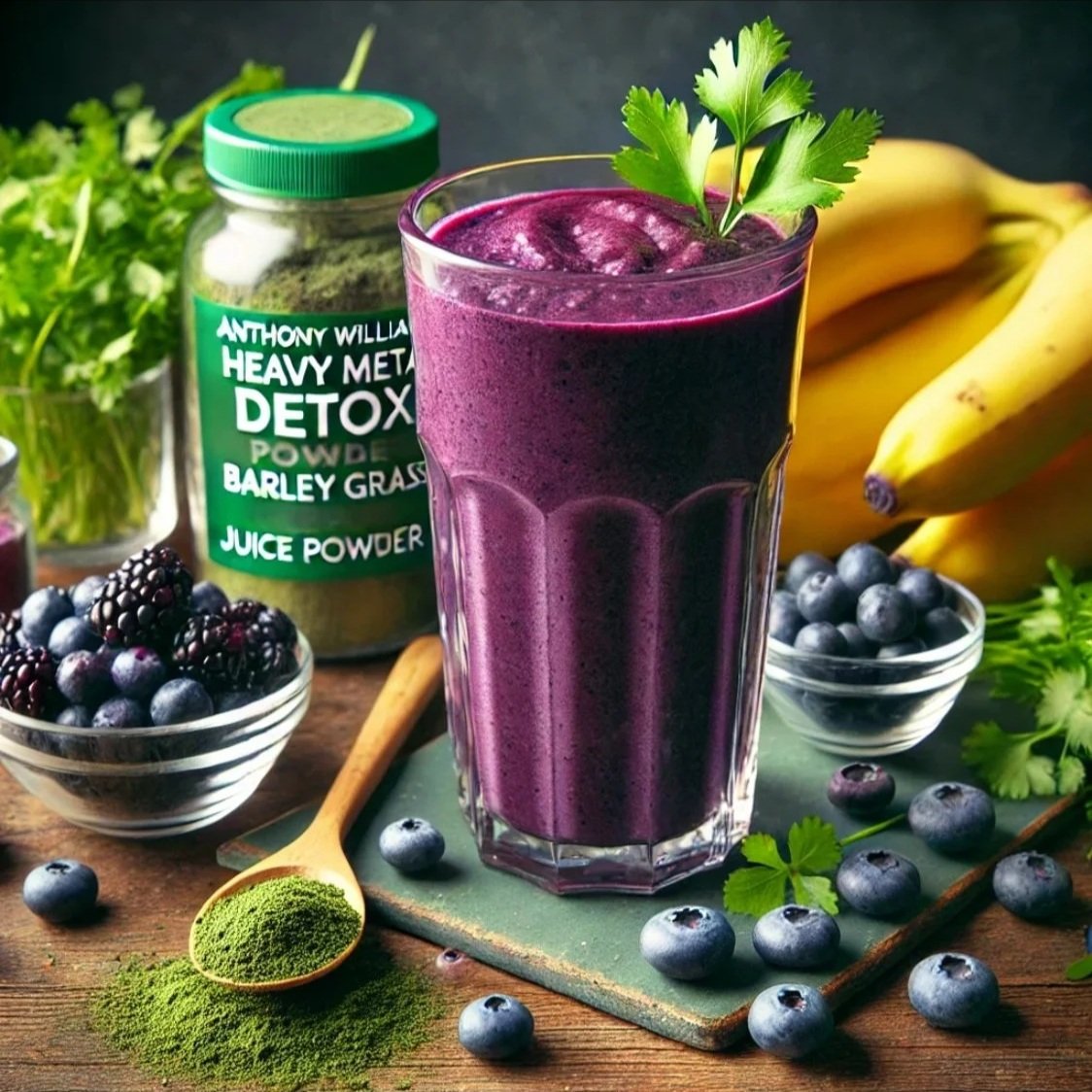 A glass of purple smoothie garnished with a sprig of cilantro, surrounded by blueberries, bananas, blackberries, and green powder, with a jar of detox powder in the background.