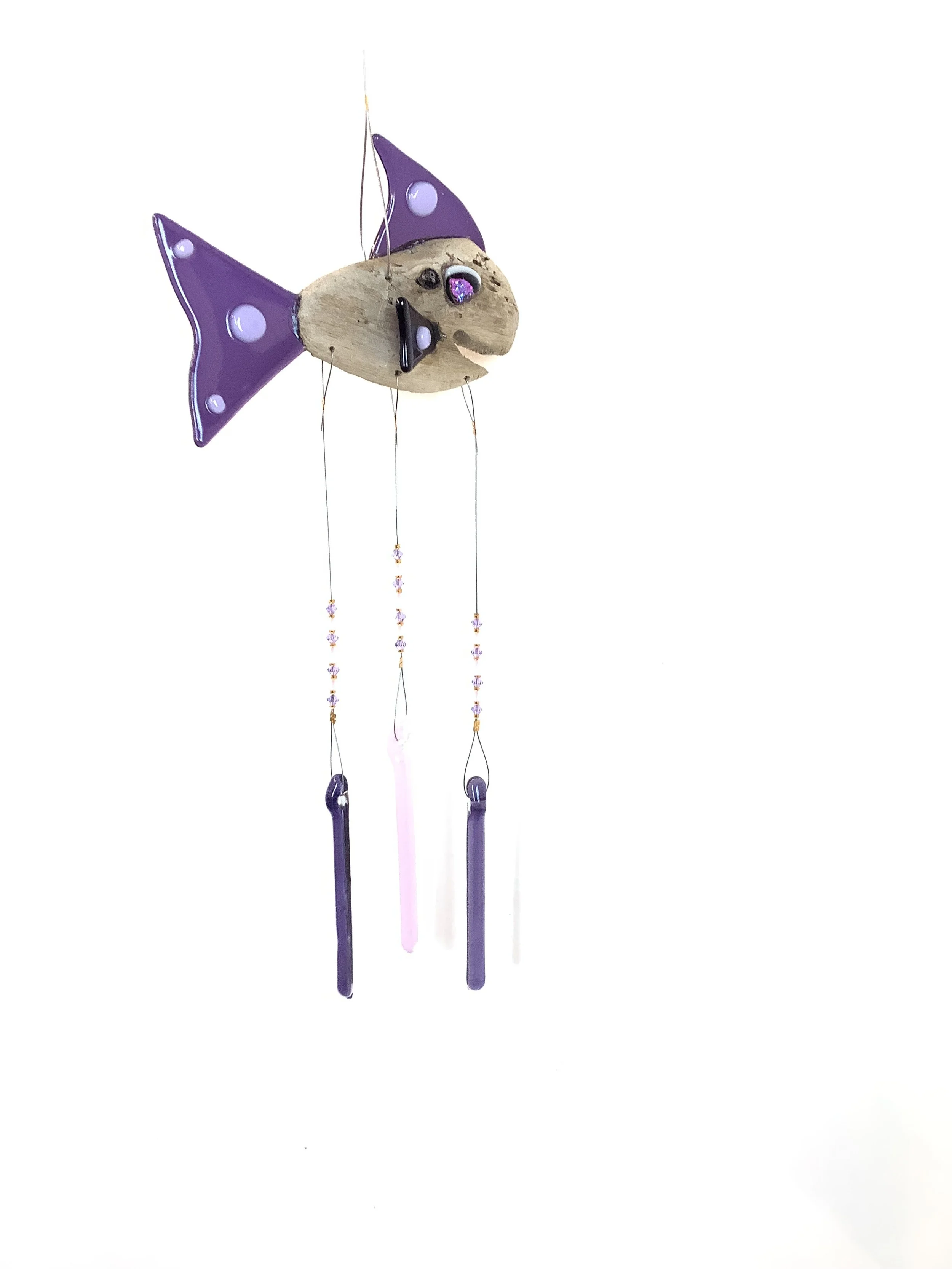 $50 "Gillie Eifish" Pink fused glass driftwood fish chime with pink glass dots and pink and purple beads. Hangs 18"x 4.5" from stainless wire with glass chimes. Contact to purchase.
