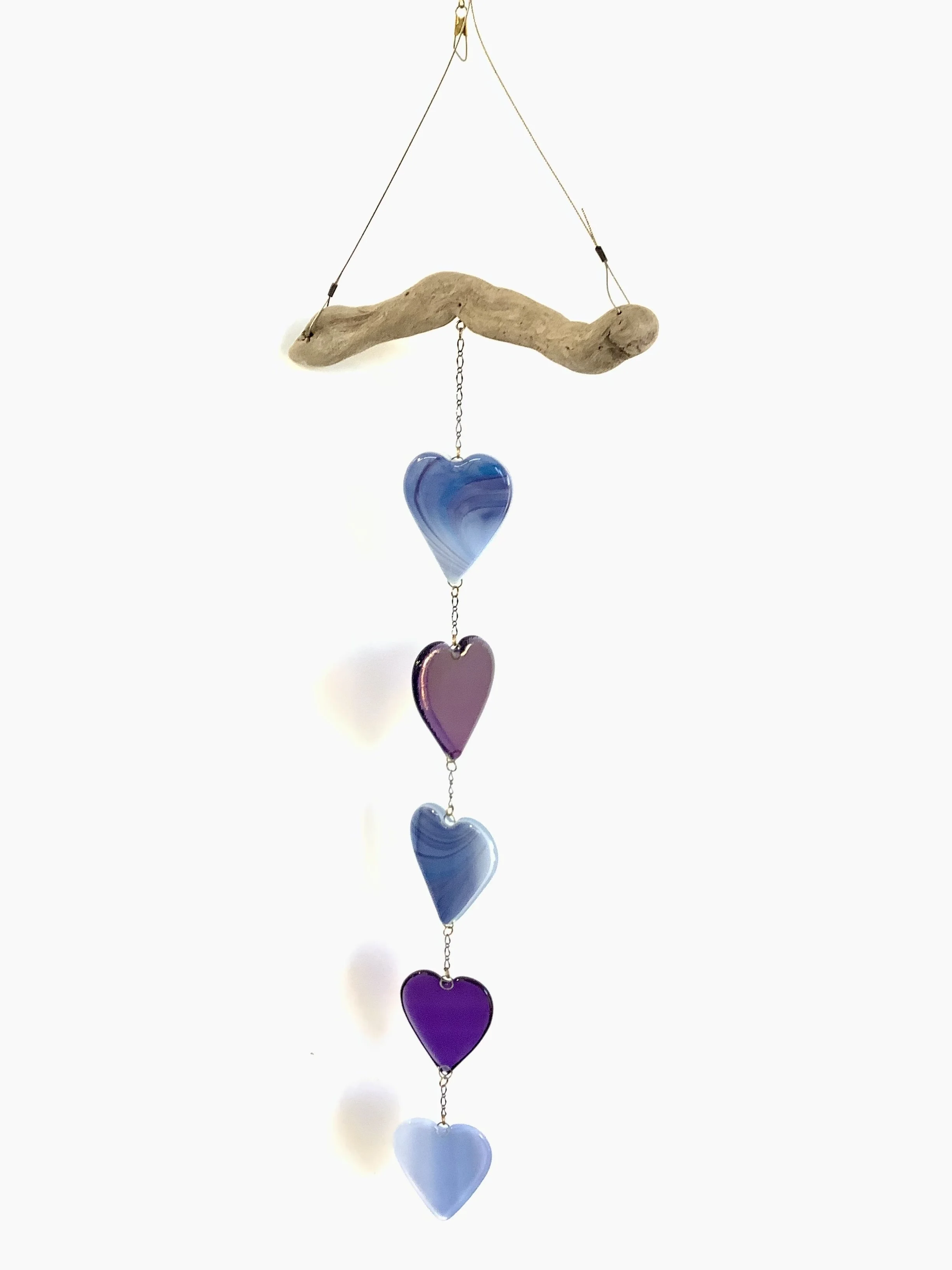 $100
Swirly blue and purple fused glass mobile. Hangs 25" from stainless wire and Vancouver Island driftwood. Contact to purchase.