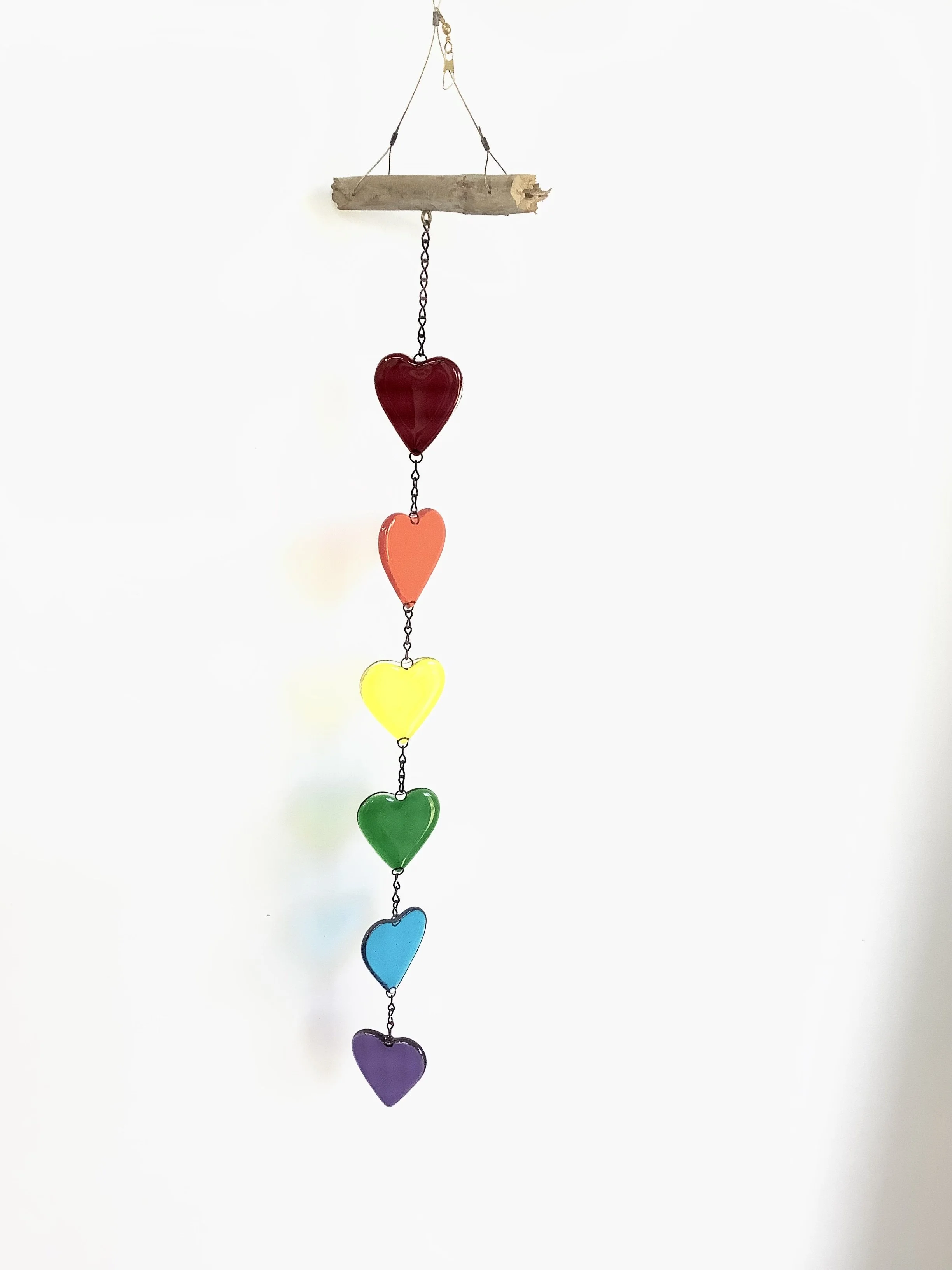 $125
Rainbow fused glass heart mobile. Hangs 26" from chain and Vancouver Island driftwood. Contact to purchase.