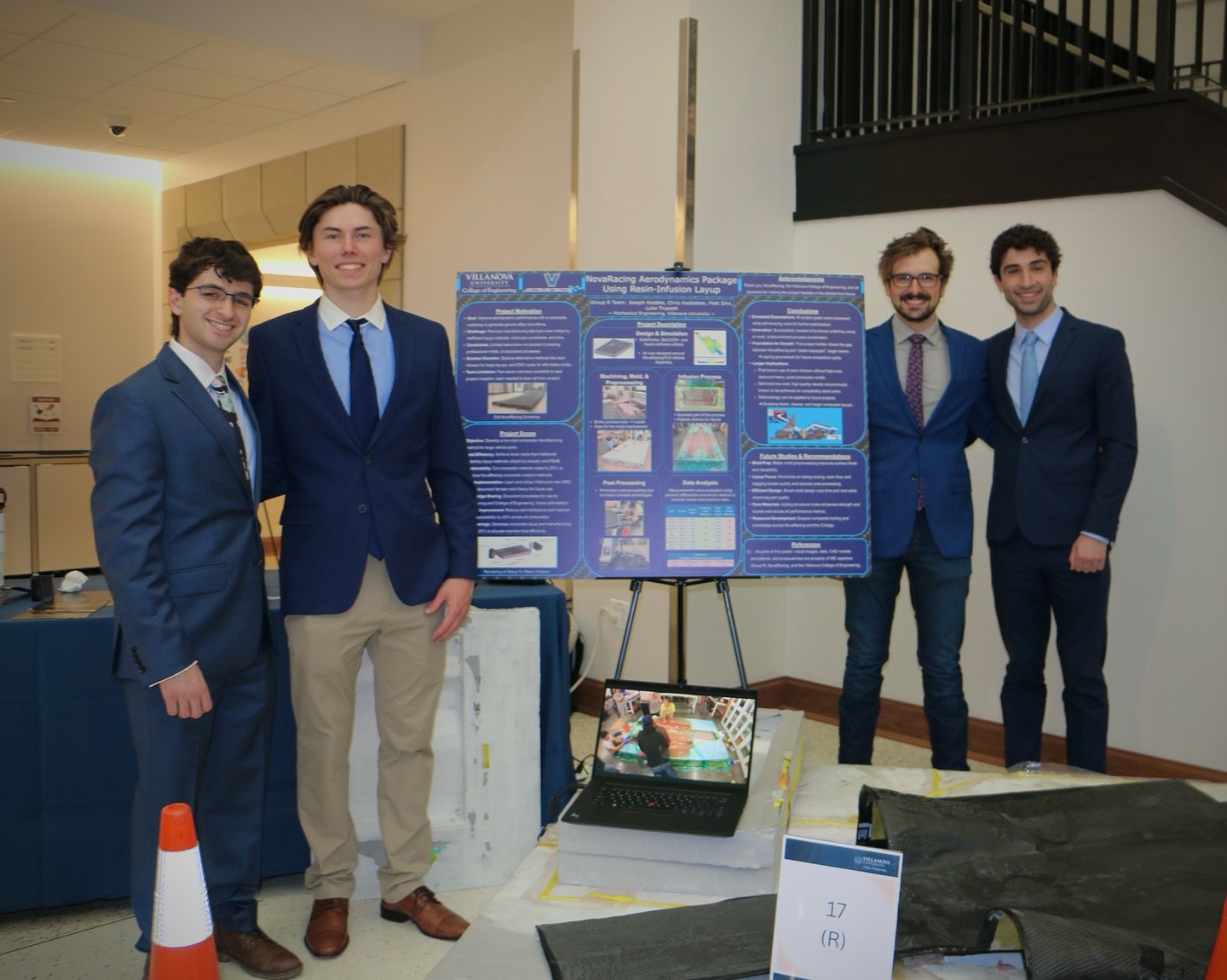On Friday, some members of NovaRacing presented their senior design project at Villanova's mechanical engineering capstone day. Their project was manufacturing carbon fiber composite elements using resin-infusion layup. They successfully applied it t