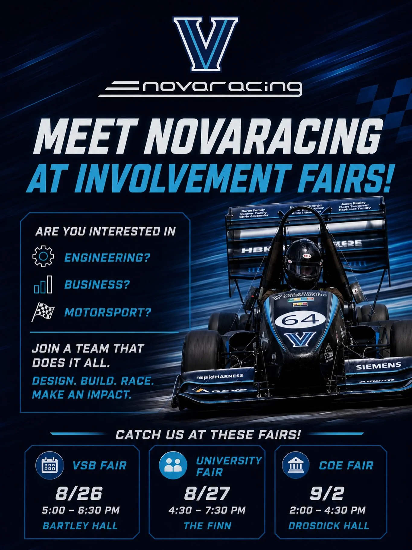 Do you want to experience what it&rsquo;s like to design, build, and compete with a formula race car?🏎️ 

Come meet NovaRacing at Villanova&rsquo;s upcoming Student Involvement Fairs! Recruitment is open to all Villanova students and we would love t