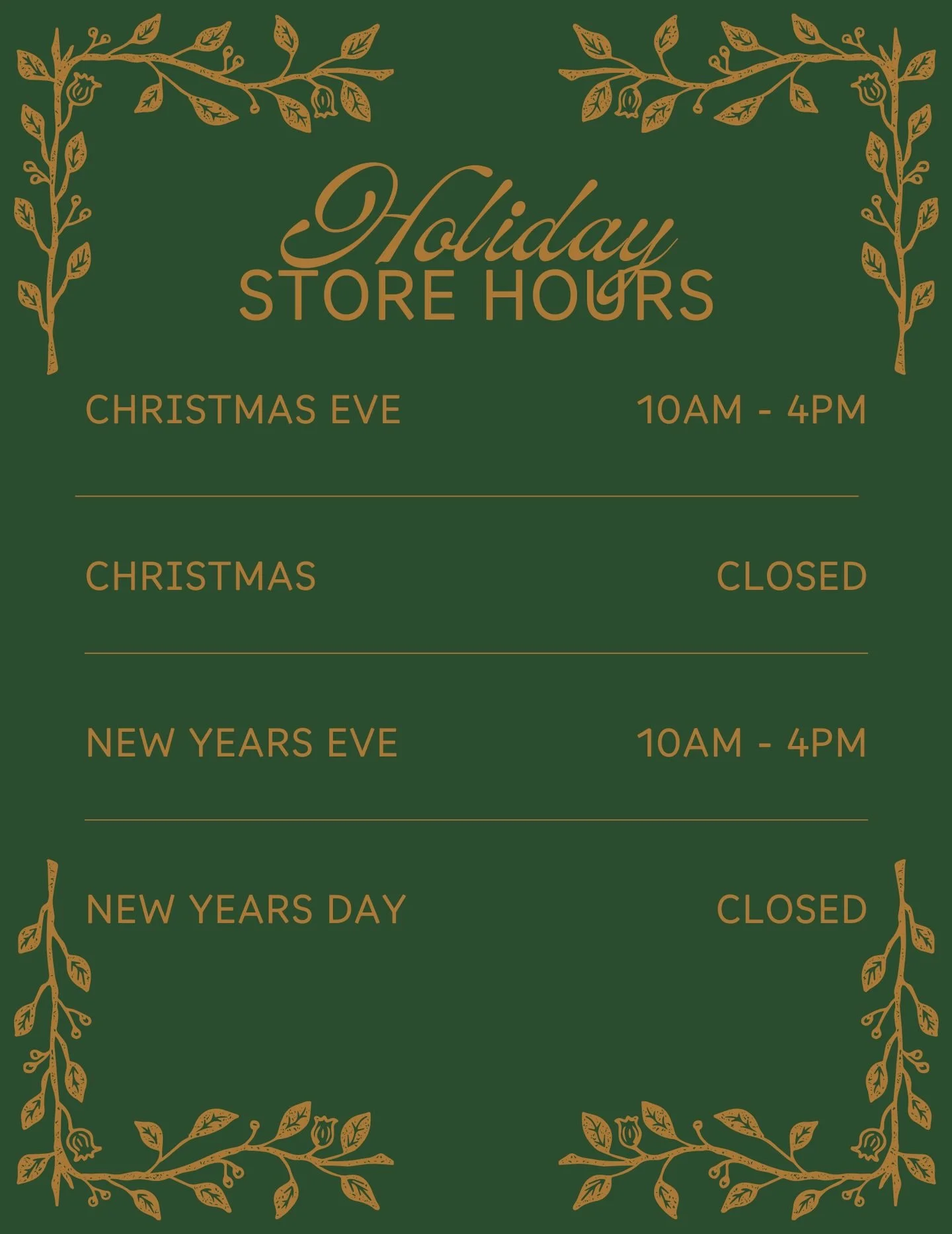 Happy holidays Corvallis! Don't miss our updated holiday hours! 

Christmas Eve: 10 am - 4 pm
Christmas: CLOSED
New Years Eve: 10 am - 4 pm
New Years Day: CLOSED