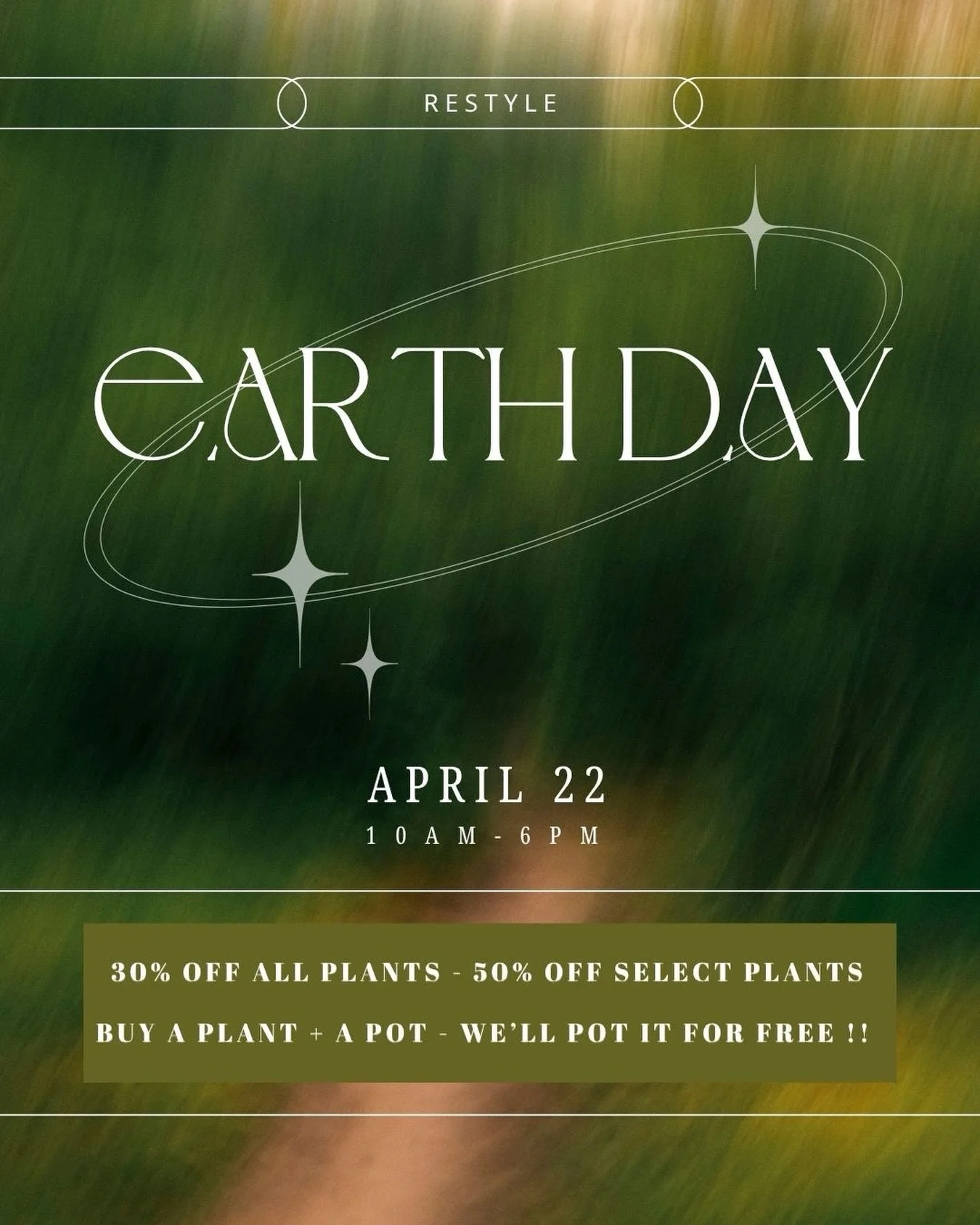 Hey Restyle fam! Join us next Wednesday for our Earth Day plant sale! We&rsquo;re offering 30% off all plants and 50% off select ones. And, we&rsquo;ll pot your new plant for free with the purchase of a pot! 🪴🌎