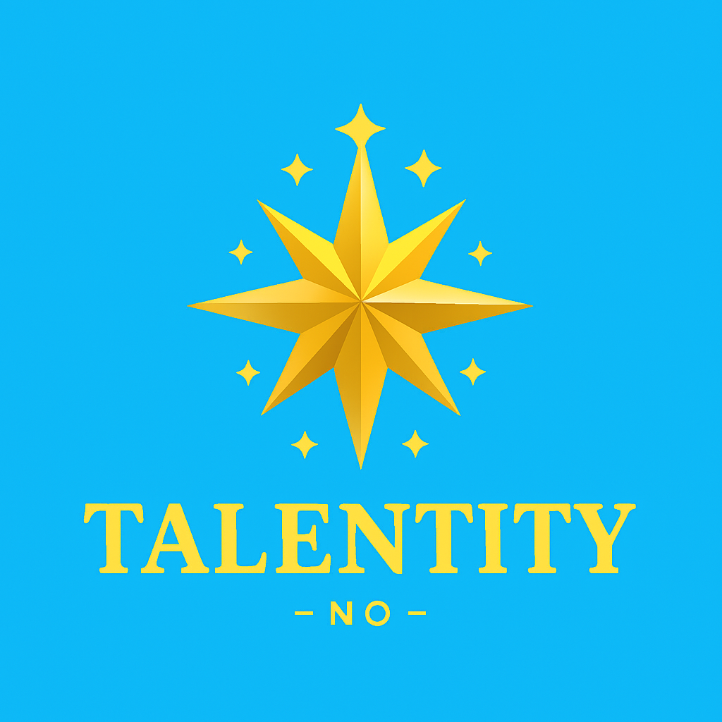 En gullstjerne på en blå bakgrunn med ordet 'TALENTITY NO' under.