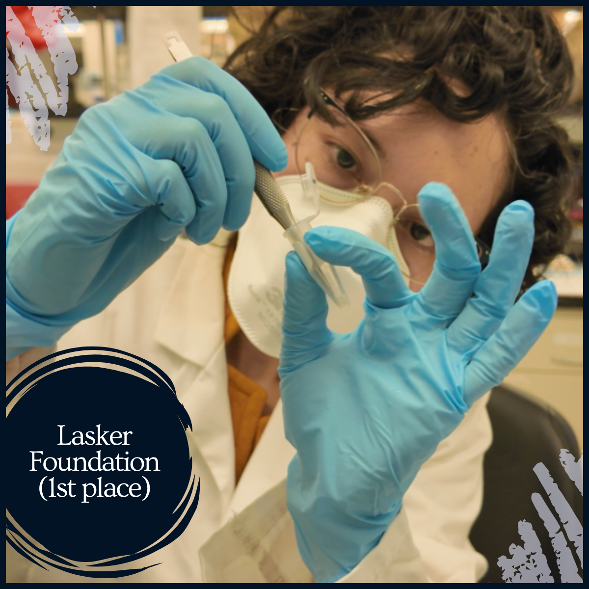 A woman scientist in a lab coat and gloves is placing small scissors into a tube. The words "Lasker foundation (1st place" appear at the bottom.