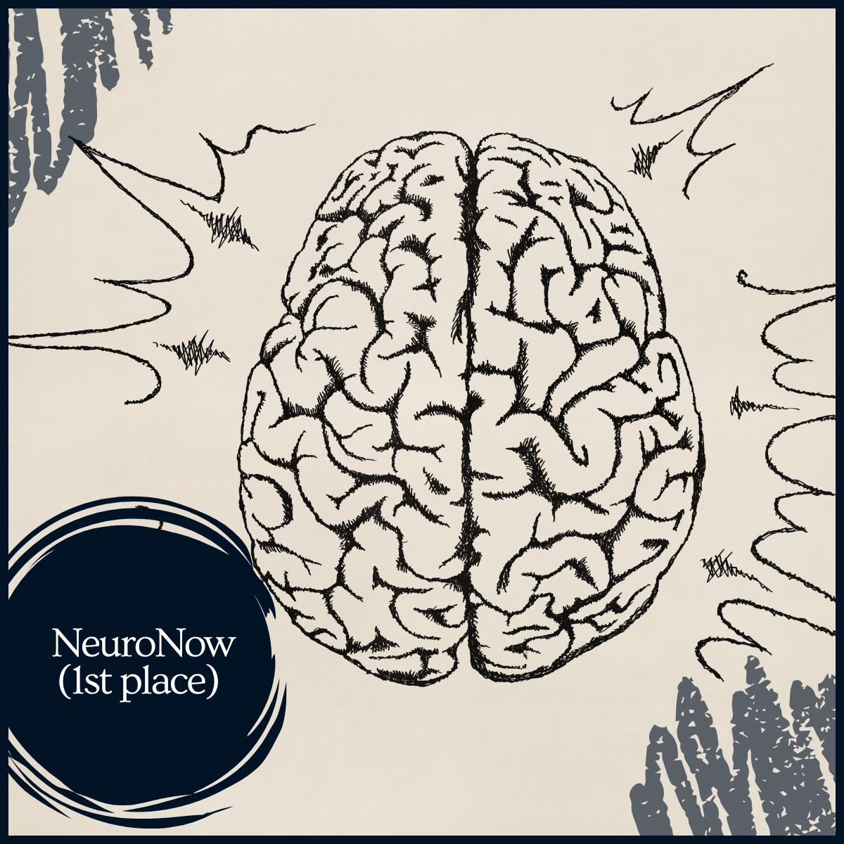A sketch of a brain with the words "NeuroNow (1st place)" in the bottom left.