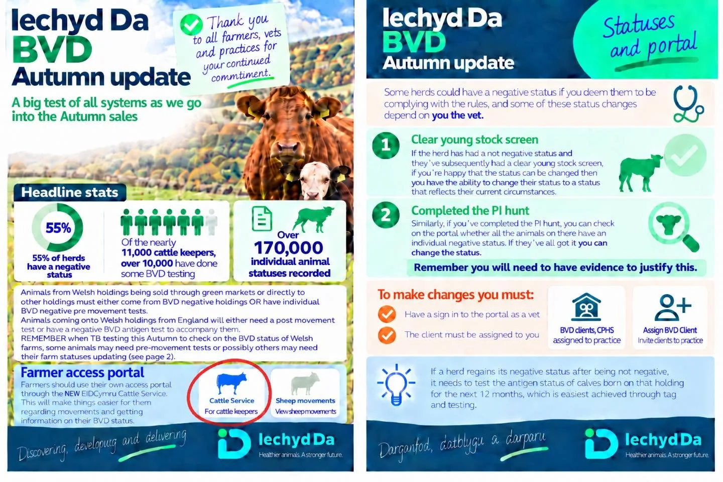🐄 BVD Autumn Update

As we head into the autumn sales, it&rsquo;s important to stay on top of BVD testing and animal status. The latest update from Iechyd Da covers key requirements around movements, testing and herd status.

See below for the key i