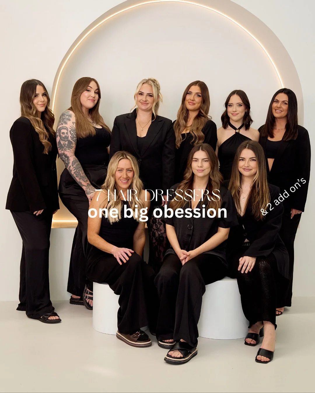 oh oops! How did slide 2 get there… skip to 3
but really we are just a bunch of gals (even the Chels and Rachel) who are OBSESSED with hair and giving you the hair you’ve been day dreaming over, adding to your pinterest board and the en