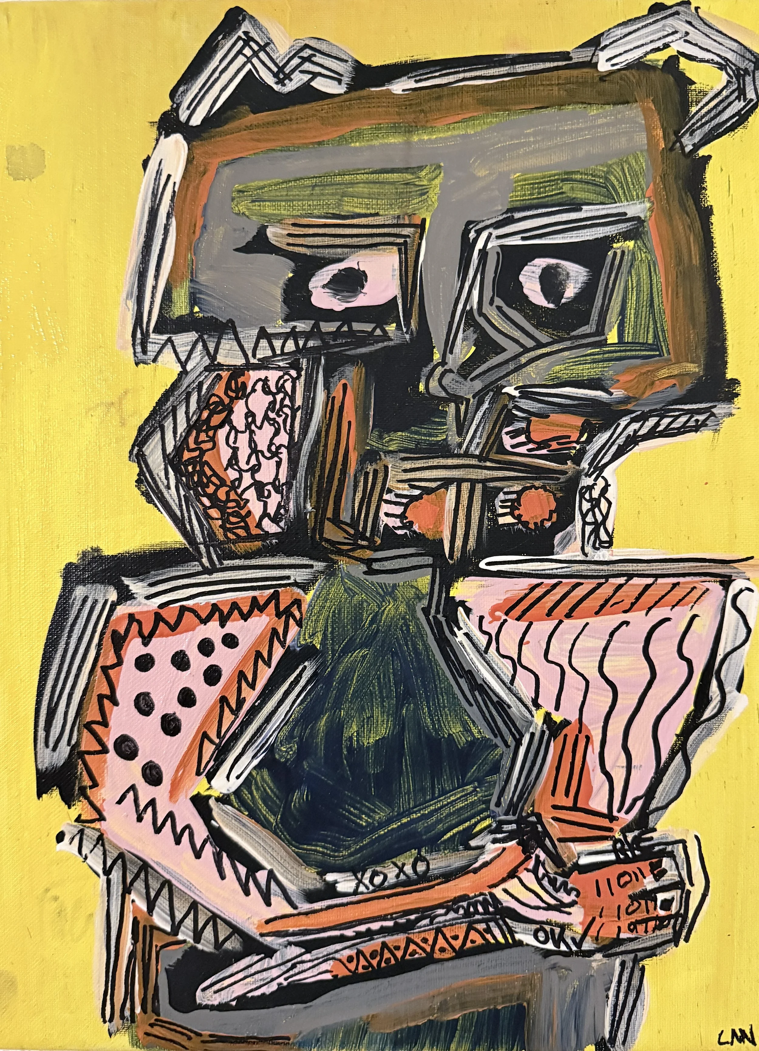 Abstract painting of a face made with bold black lines and bright colors, featuring eyes, nose, and mouth against a yellow background.