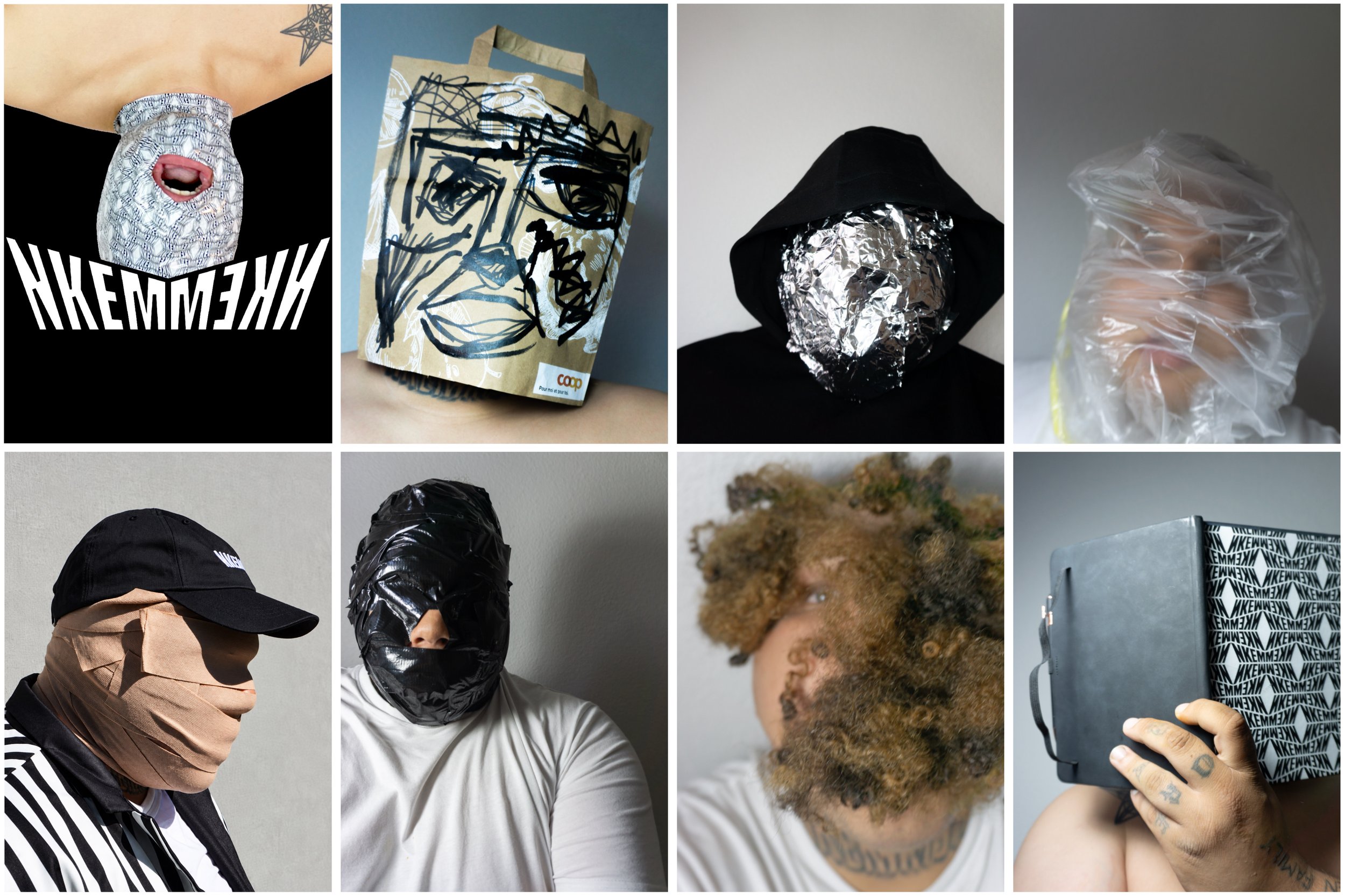 A collage of nine images featuring people with their faces covered by various objects or masks, some wearing hoodies or hats, and others holding items like a phone or a shopping bag.