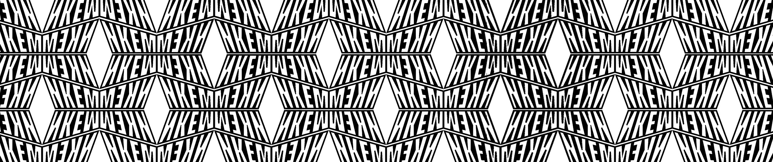 Black and white geometric pattern with repeating text 'KEMMM' arranged in hexagon shapes.