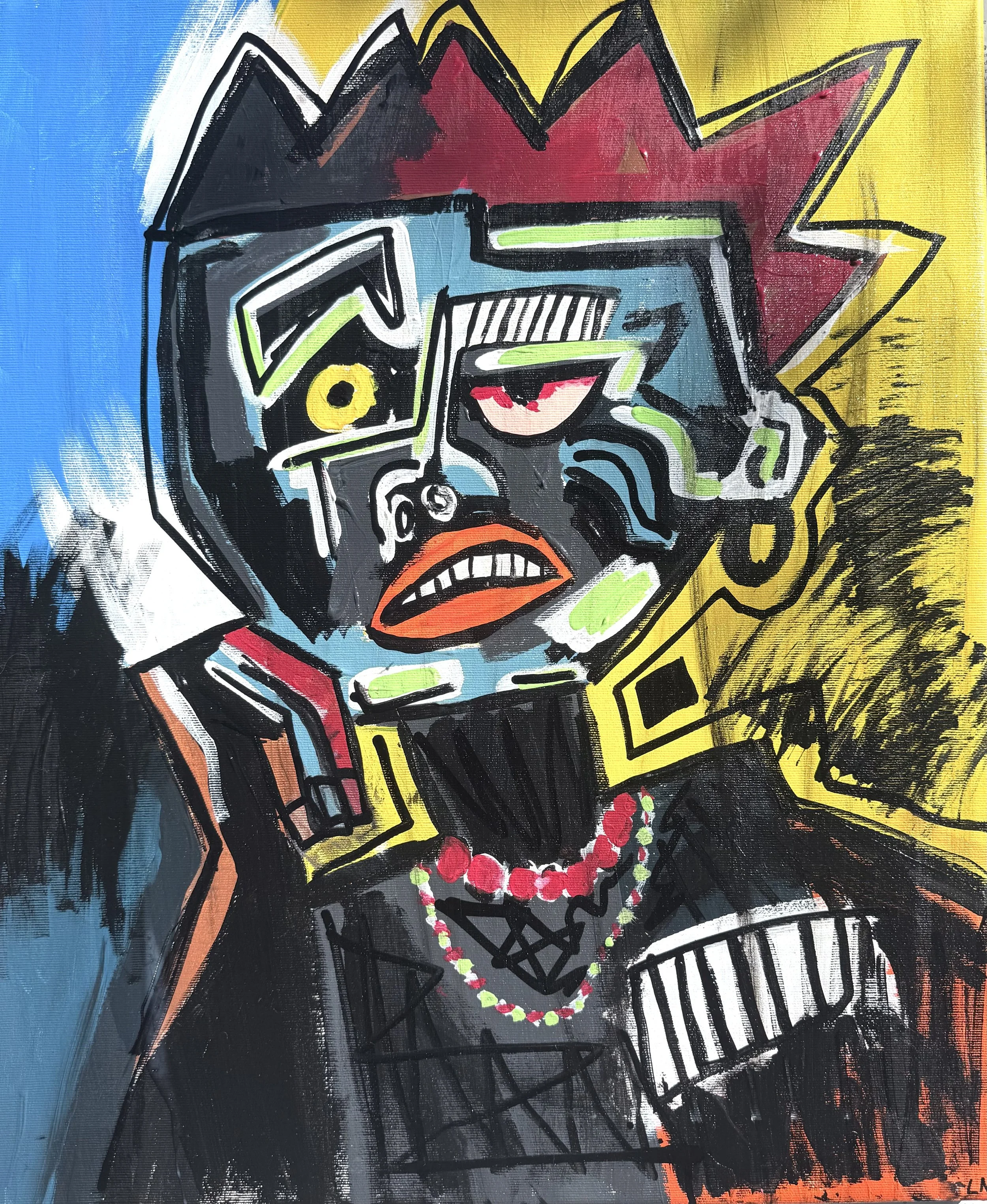 A colorful abstract painting of a woman in traditional attire, wearing a red and green beaded necklace and a black dress with yellow and orange accents, with a background of yellow, blue, and black brushstrokes.
