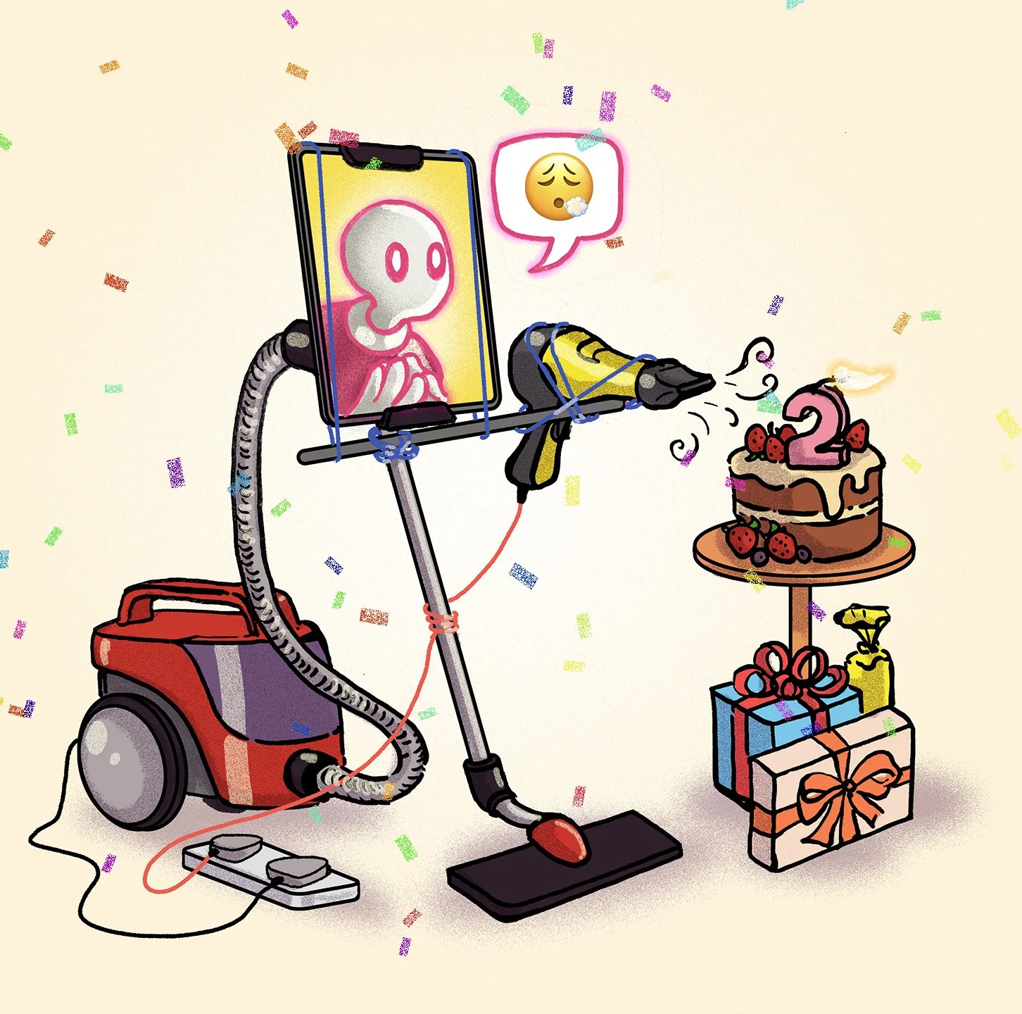 Illustration of a robot vacuum cleaner with a smartphone mounted on a pole, taking a photo of a birthday cake with the number 2 candle, surrounded by wrapped gifts and confetti.