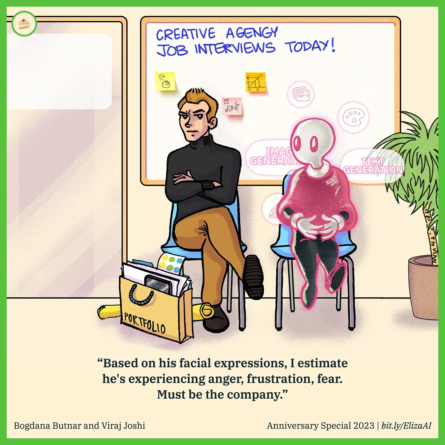Cartoon showing a man with crossed arms and a frustrated face sitting next to a quiet, pink, holographic alien on a waiting room chair. Behind them, a whiteboard reads "Creative Agency Job Interviews Today!" with sticky notes. There is a shopping bag